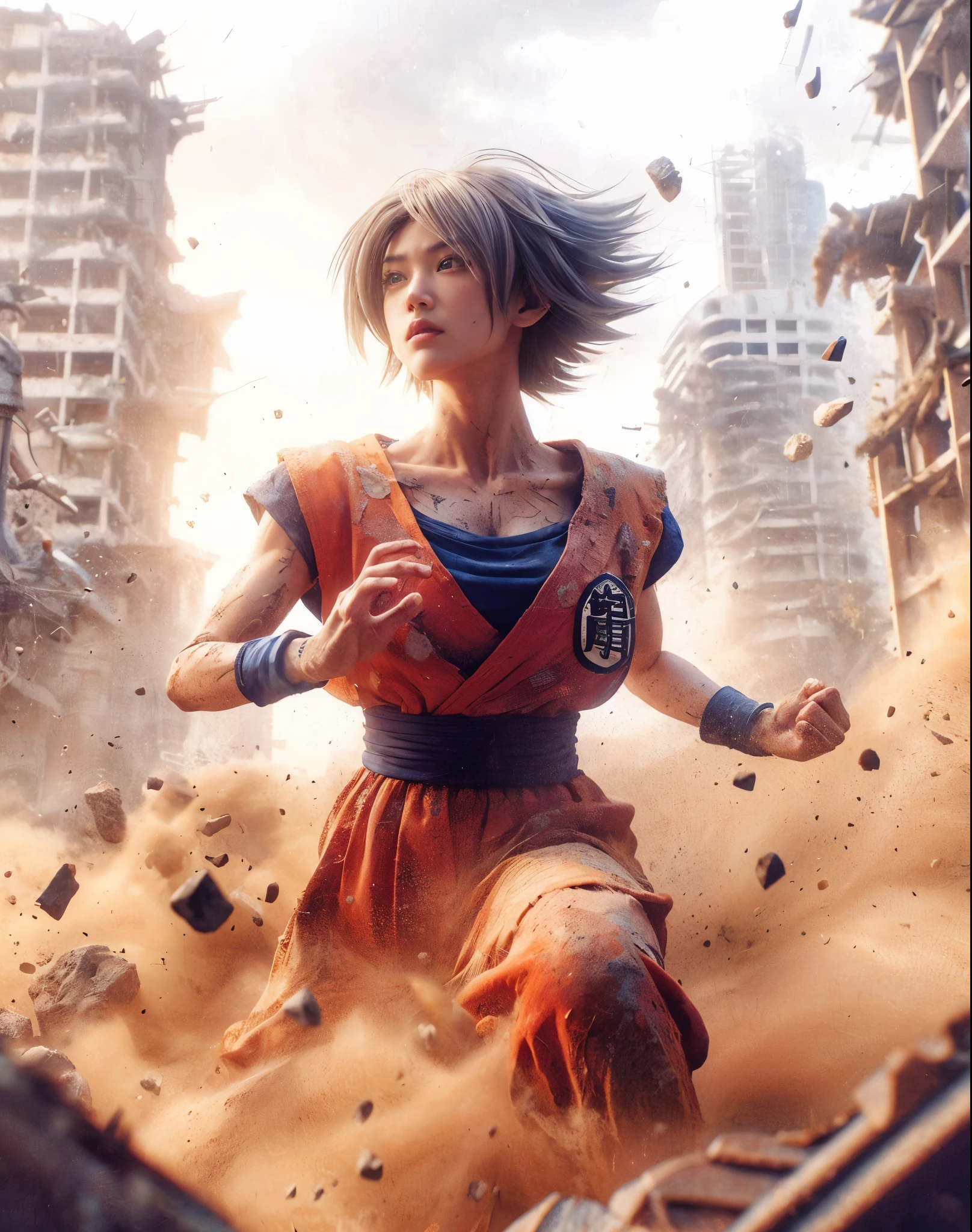 8k, Photorealistic、Realistic skin texture、Pore expression、Beautiful Japanese Women、A female version of Son Goku from Dragon Ball、whole body、Kamehameha 、Broken cityscape、Cosplay、live-action version、Deadly Combat、Realistic expression、Covered in scars、Glare