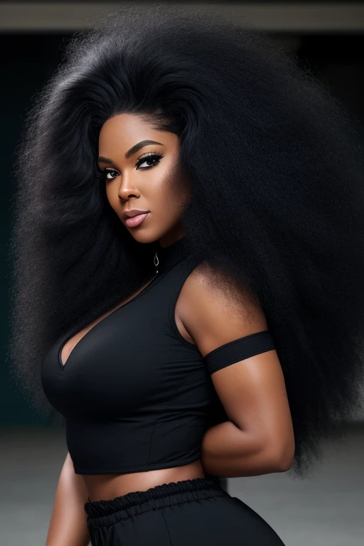 a photograph a middle aged black woman 37 years old, youthful appearance, with long straight windswept tresses, her hair flowing in the wind like flames against a twilight sky, emanating untamed beauty