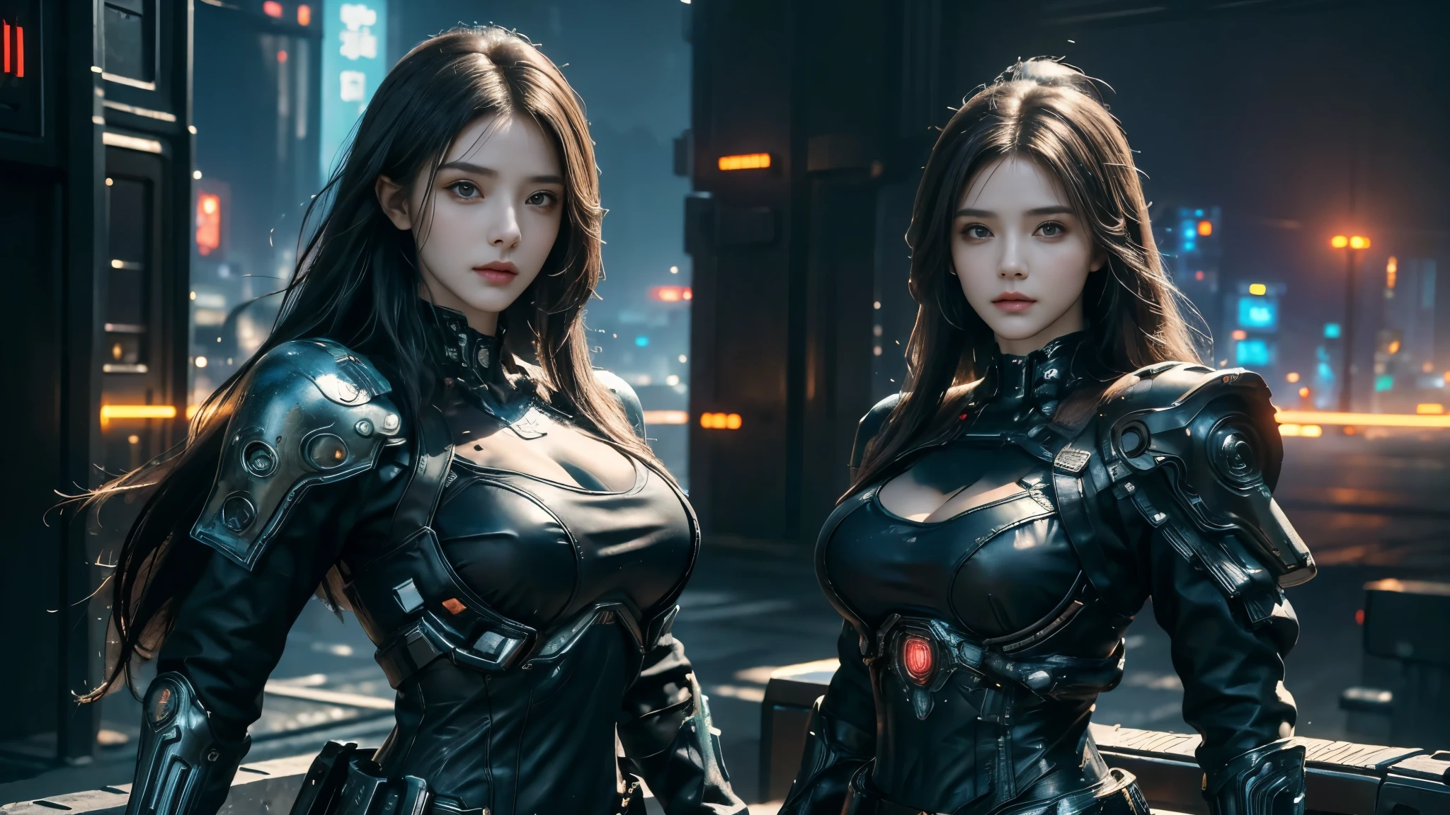 masterpiece,best quality,high resolution,8k,(portrait photo:1.5),(R original photo),real picture,digital photography,(Combination of cyberpunk and fantasy style),(female soldier),20 year old girl,Random hairstyle,through bangs,(red eye breasts, Accessories,Keep your mouth shut,Elegant and charming,Serious and arrogant,Calm and handsome,(Cyberpunk combined with fantasy style clothing,hollow-carved design,big breasts,joint armor,photo poses,Realistic style,gray world background,oc render reflection texture,sentry