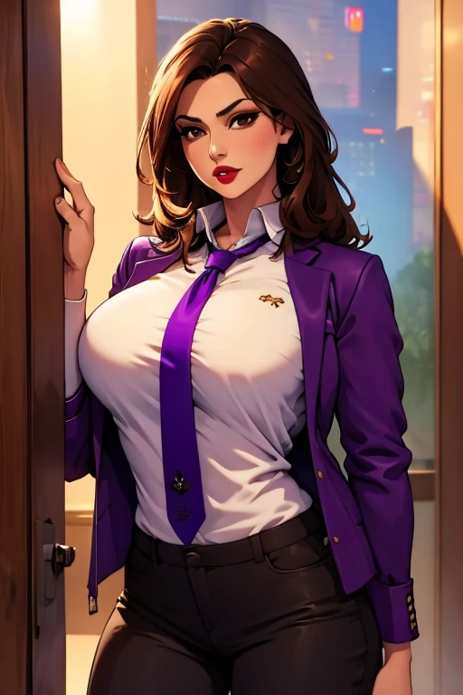 The woman, ((shirt, shirt, jacket, jacket, jacket morada, purple jacket, pants, pants morado, prurple throuser,  tie, tie)),Las vegas al fondo,very detailed, Realistic long-term photography., 4k, by the wide, Brown Hair, By the chestnut, red lips, sexy,red lips, Brown eyes, big breasts, big breasts, Lucia Auditore