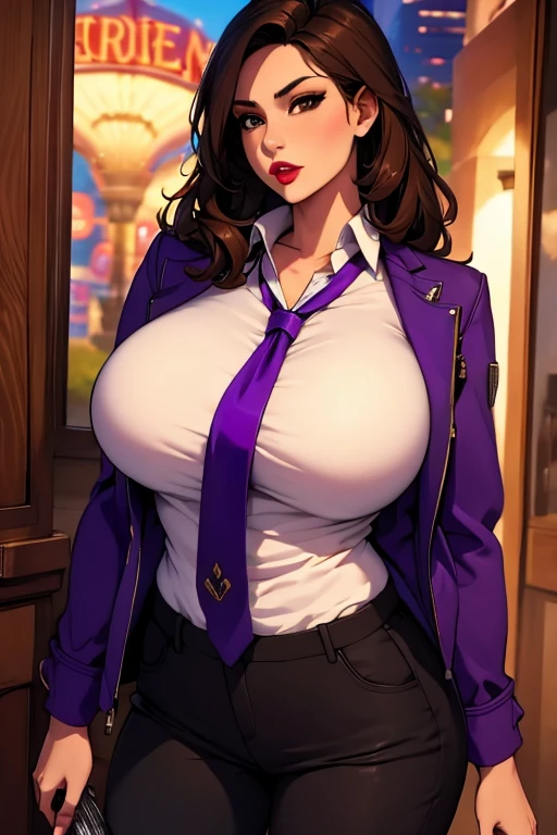 The woman, ((shirt, shirt, jacket, jacket, jacket morada, purple jacket, pants, pants morado, prurple throuser,  tie, tie)),Las vegas al fondo,very detailed, Realistic long-term photography., 4k, by the wide, Brown Hair, By the chestnut, red lips, sexy,red lips, Brown eyes, big breasts, big breasts, Lucia Auditore