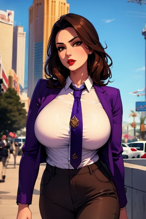 The woman, ((shirt, shirt, jacket, jacket, jacket morada, purple jacket, pants, pants morado, prurple throuser,  tie, tie)),Las vegas al fondo,very detailed, Realistic long-term photography., 4k, by the wide, Brown Hair, By the chestnut, red lips, sexy,red lips, Brown eyes, big breasts, big breasts, Lucia Auditore