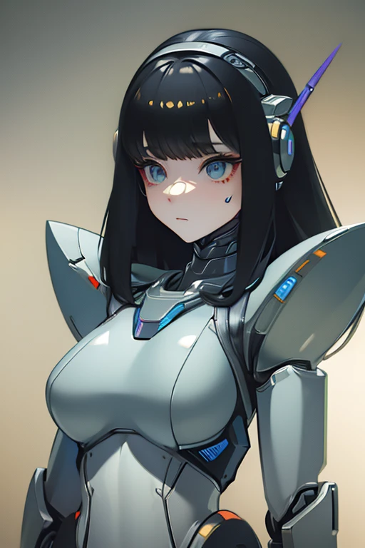 empty eyes,robotization,woman ,big bust,Robot Joint ,Metal skin,Black Suit,long hair,a suit that covers the whole body