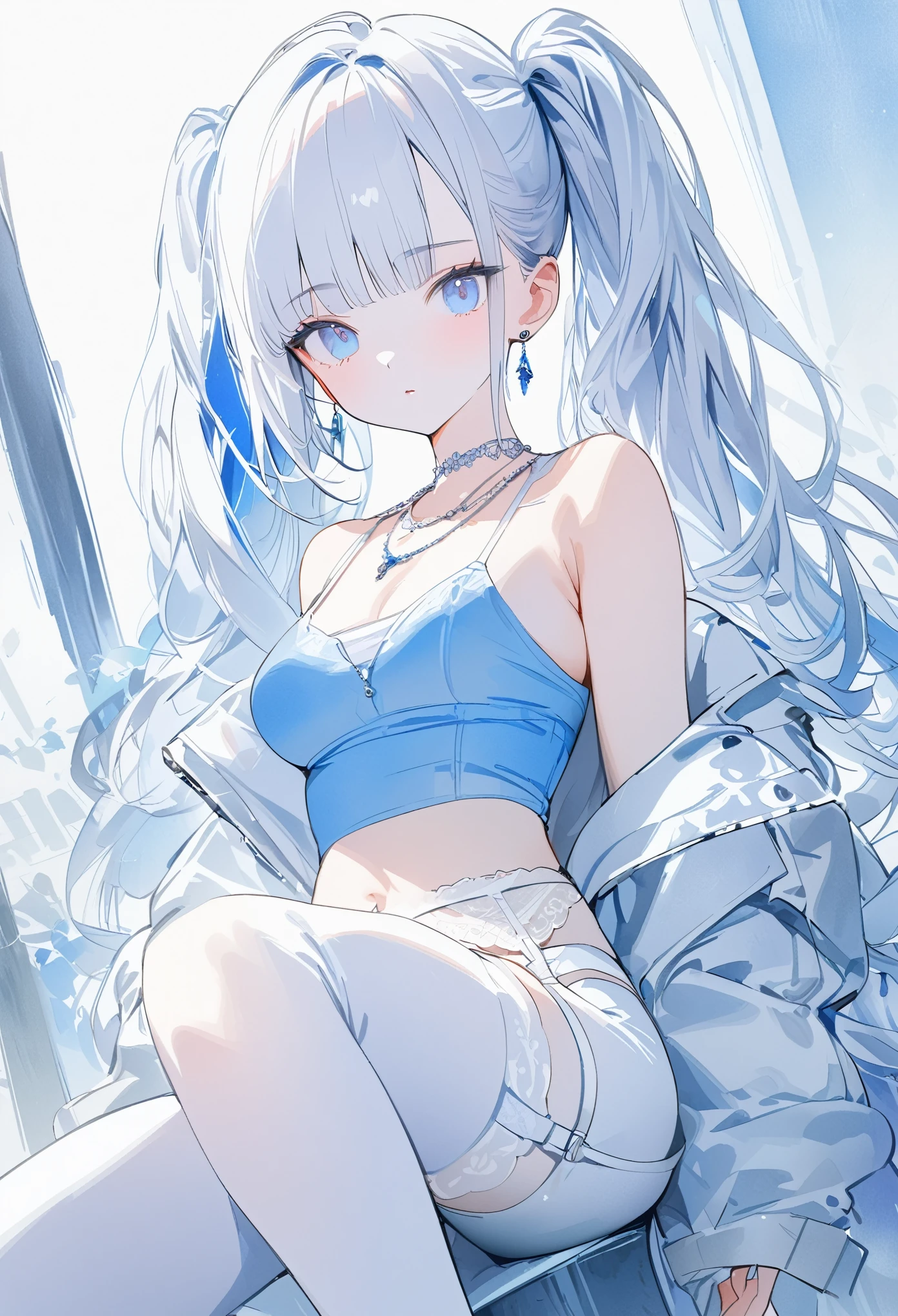 a girl with short white hair,twin pigtails,hime cut ,albino with blue eyes,knee up,wearing a white shirt,large white jacket,blue shirt pants,garter belt,White platform boots,earrings,necklaces,medium breasts,pale skin tone, blue tone,watercolor style, (best quality,4K,8k,highres,masterpiece:1.2),ultra-detailed,