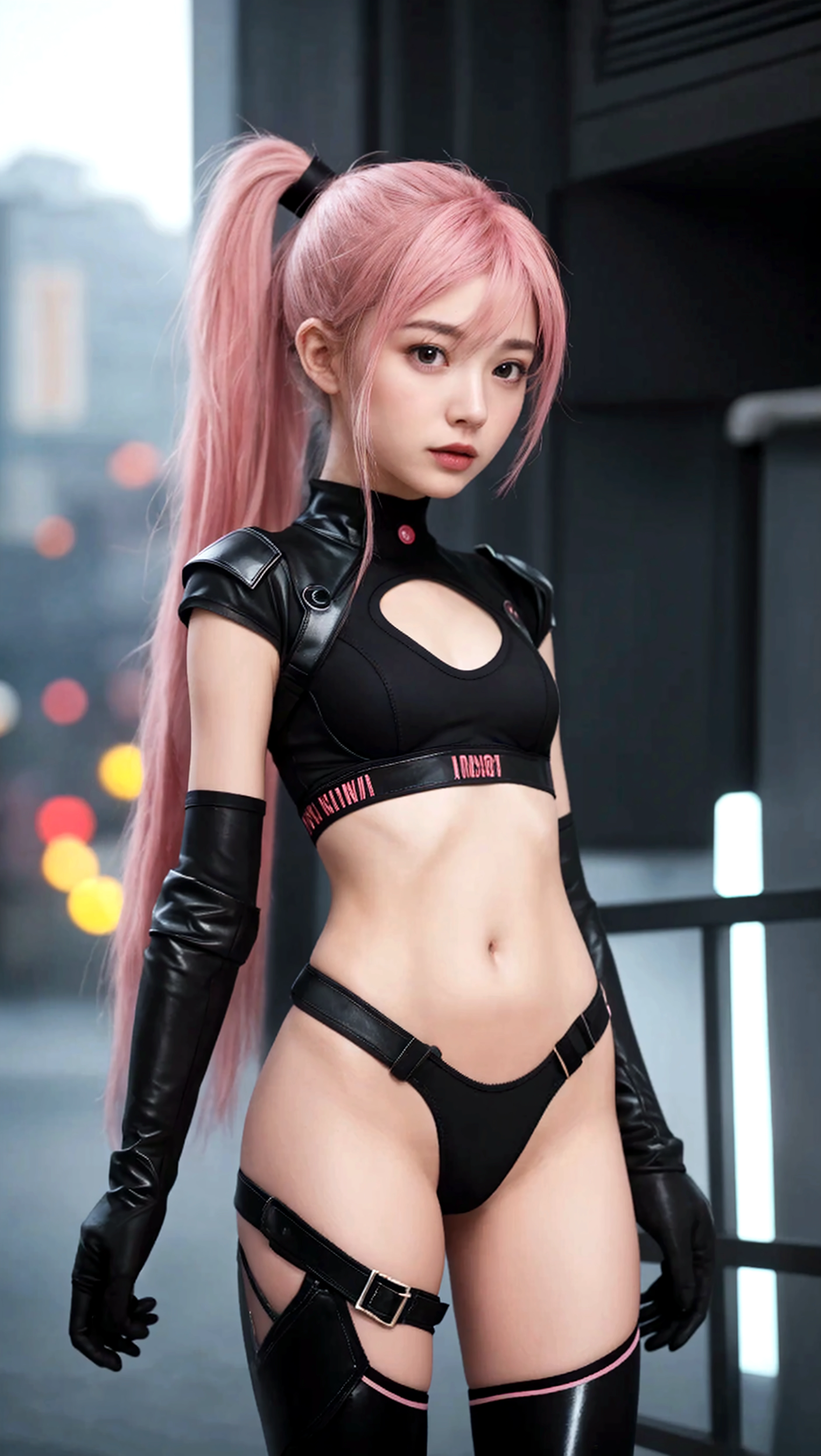 1female、When reincarnated, I was a slime character(adolescente nua、top-quality、precise、animeesque |、adolescente Demon King、grip、Beautiful and detailed blue eyes、((pink hair))、twin-tailed、Proud double tails, ( This ager has a nose piercing, on the lower lip and left eye ), 比基尼 ((very short and transparent black designed vagina)) 、medium breasts、fiel ao original、((bare-legged with black knee-high socks)), muscular belly, beautiful muscular legs, legs thick, (sorrido), standing with legs open, There is a bright pink uterus-style tattoo on the lower abdomen,