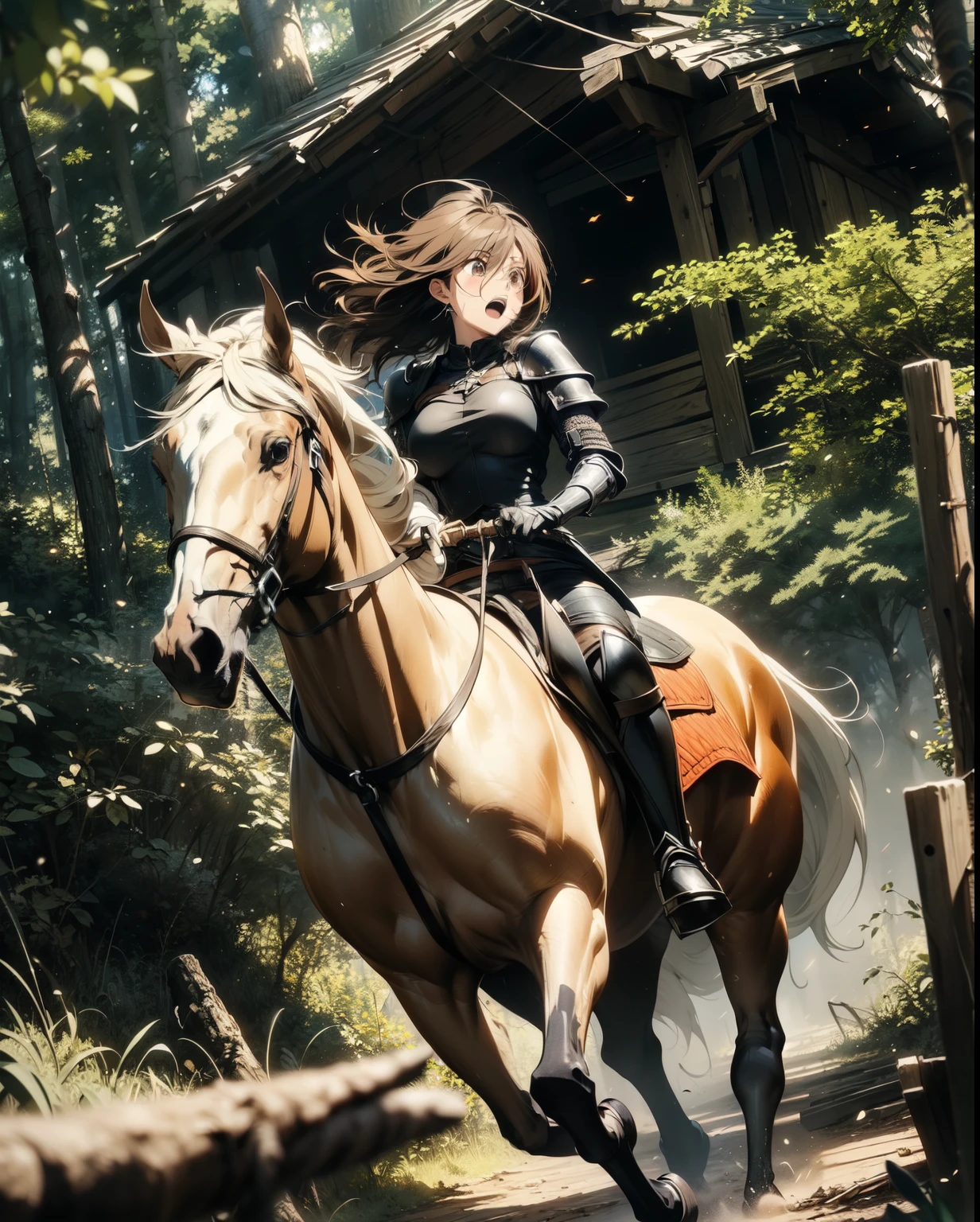 ((best quality)), ((anime masterpiece)), (high detailed), 8k, cinematic lighting, perfect face, panic face, a young female knight riding a HORSE, open mouth:0.1, (brown eyes, pixie cut, hair between eyes, {brunnette}, large breast), (brown armor, bare leg, black gloves, greaves), (brown horse, saddle, reins, bridle, stir ups), burning woods, night time, smokes, solo, medieval, both hand holding rein, from side: 1.2, anatomically correct 