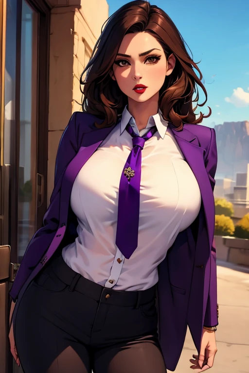 The woman, ((shirt, shirt, jacket, jacket, jacket morada, purple jacket, pants, pants morado, prurple throuser,  tie, tie)),Las vegas al fondo,very detailed, Realistic long-term photography., 4k, by the wide, Brown Hair, By the chestnut, red lips, sexy,red lips, Brown eyes, big breasts, big breasts, Lucia Auditore