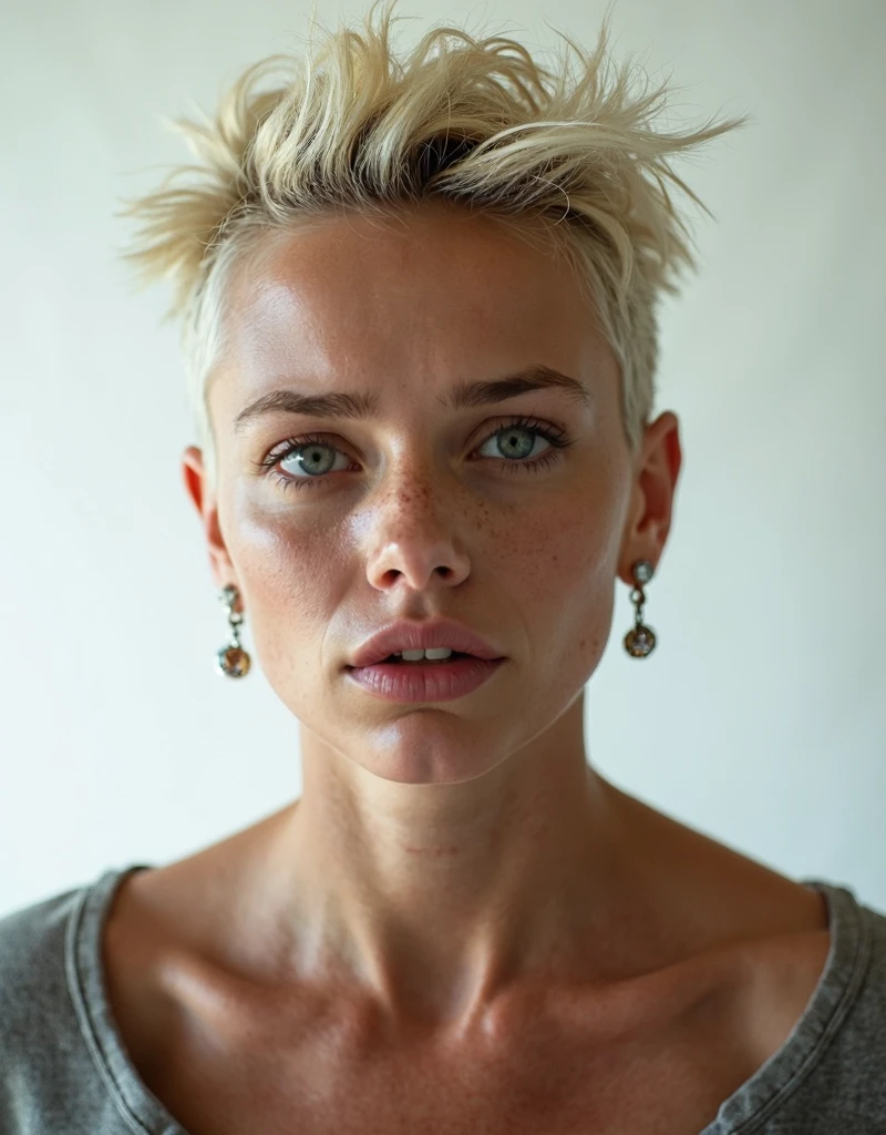 most beautiful girl, shiny bald head, freckles, green eyes, walking by a lake at night, profile image, she has small breasts