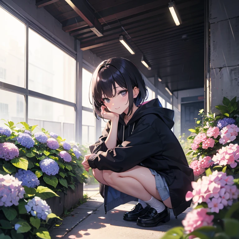 Pastel tones、((Amazingly absurd)),(masterpiece:1.2),超High resolution, Attention to detail, high quality, High resolution, 最high quality, 4K, 8k、Crouching woman,I have hydrangeas,Blue and purple hydrangea,Proper Blur,Emphasise the female,despair,Black Eyes,View hydrangeas,Shining Eye Highlight,gentle,smile,Black Hair,short hair,Black Hoodie,White mini skirt,cloudy,sunny,Even if it rains&#39;sunny,sorrow,Best scene,Illuminated from above,Front Angle,loafers