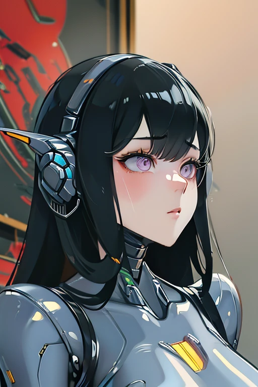 (masterpiece),(Highest quality),(Super detailed),(Best illustrations),(Best Shadow),(Absurd),(Detailed Background),(so beautiful), 16K, 8K, 4K,(Best Shadow),robotization,woman ,big bust,Robot Joint ,Metal skin,Black robot Suit,long hair,a black robot suit that covers the whole body,robot hand,cyber bodysuit,mecha head,(Detailed hands and fingers:1.2),Ball joint robot body,doll joint,beautiful face,beautiful robot girl,robotic eye,robotic hands,(no more human skin),android girl,cyborg girl,F cup, sexy body,(machine made joints:1.2),(machanical limbs:1.1),(blood vessels connected to tubes),(mechanical vertebra attaching to back),(mechanical cervial attaching to neck),no messy picture style,slim body