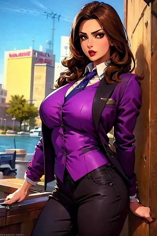 The woman, ((shirt, shirt, jacket, jacket, jacket morada, purple jacket, pants, pants morado, prurple throuser,  tie, tie)),Las vegas al fondo,very detailed, Realistic long-term photography., 4k, by the wide, Brown Hair, By the chestnut, red lips, sexy,red lips, Brown eyes, big breasts, big breasts,(aiming_pistol, hand_cannon, deagle:1.0, pistol), Lucia Auditore