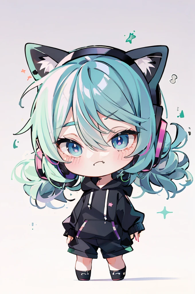 ((Best Quality)), ((masterpiece)), (detailed),Girl with wings, (Chibi:2), (Green Hair,Very short with buns on both sides,Black cat ear headphones),Makeup,Dynamic Wing,Black hoodie, Shorts, Knee-high socks,blue eyes,Beautiful Face,Slanted Eyes,kitten,moon,Hollyhock flower