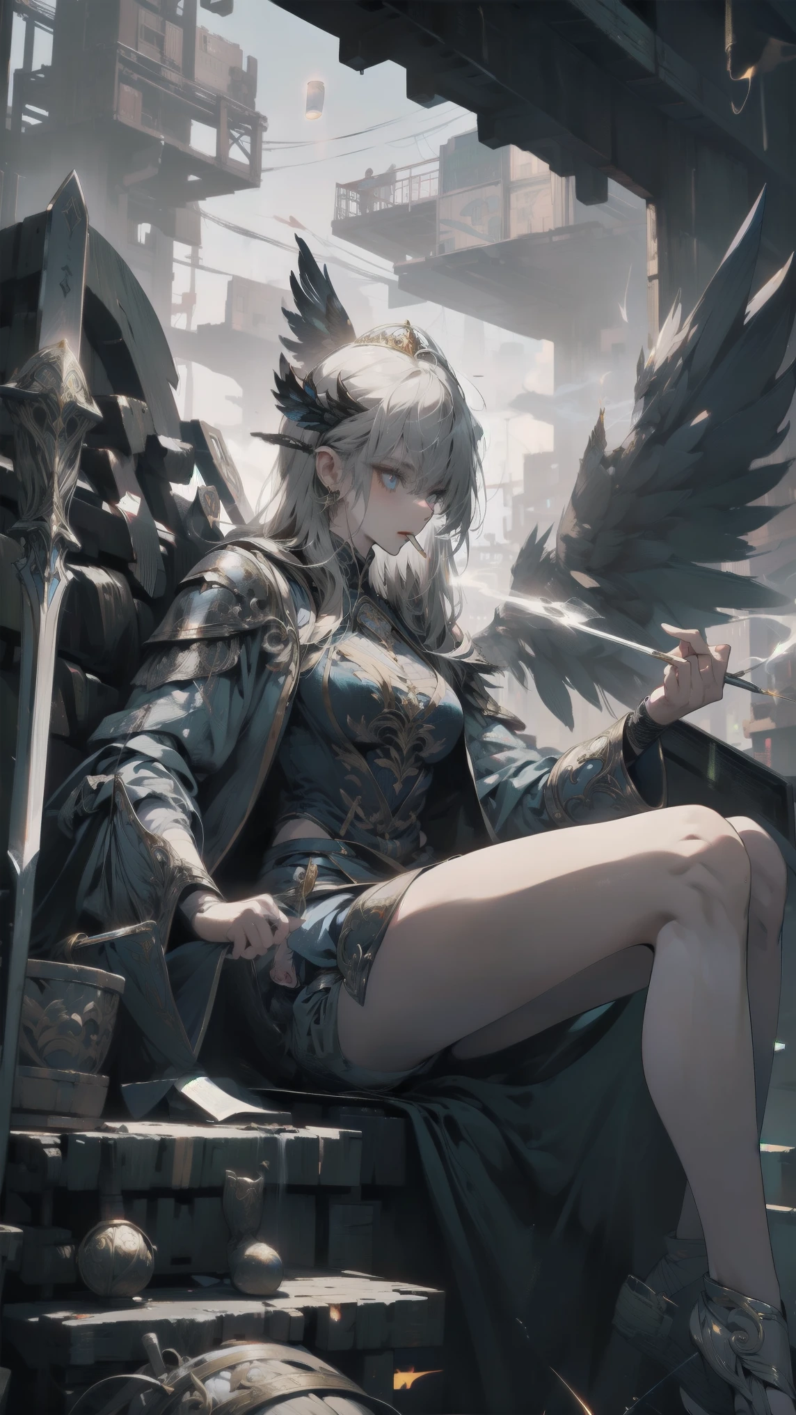 Watching the audience、,(whole body, Legs and shoes are visible: 1.2),.View your viewers、Holding a cigarette、Mysterious fantasy concept art, girl in black and Gold Armor, Gold Tiara, Gold Armor, Has a golden sword, Low Wing, Wings on the head, Multiple Wings, Winged Helmet, Glowing Sword, Glowing Rune, Conceit, Glowing Eyes, Good eyes, The pupils constrict, glowing Good eyes, tsurime, I parted my lips, magic circle, glory, glory light, glory light \(arms\), Lighting, Swirling lights are shining, gem, blue gemstone, with a dynamic and Magical background, Looking down, masterpiece, Best Quality, grow, Celestial, Mysterious, Picturesque, amazing, Majestic, Magical, Fantasy art, Cover art, Dreamy, Multilayer Texture, High resolution, High Dynamic Range, Maximum clarity and sharpness, Multilayer Texture,