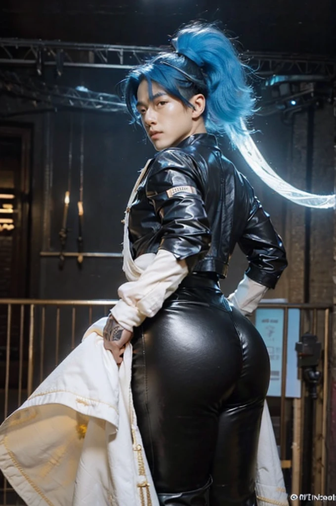 score_9, score_8_up, score_7_up, source_manhwa, best quality, clean face, Lee Ho-seok, man, blue hair with white streaks, blue eyes, long hair, big pecs, perfect body, looking at the viewer, pleasurable expression, sexy bunny outfit, black latex clothes, on stage, standing , acoustic angle, from behind, big ass, low angle, kpop headset