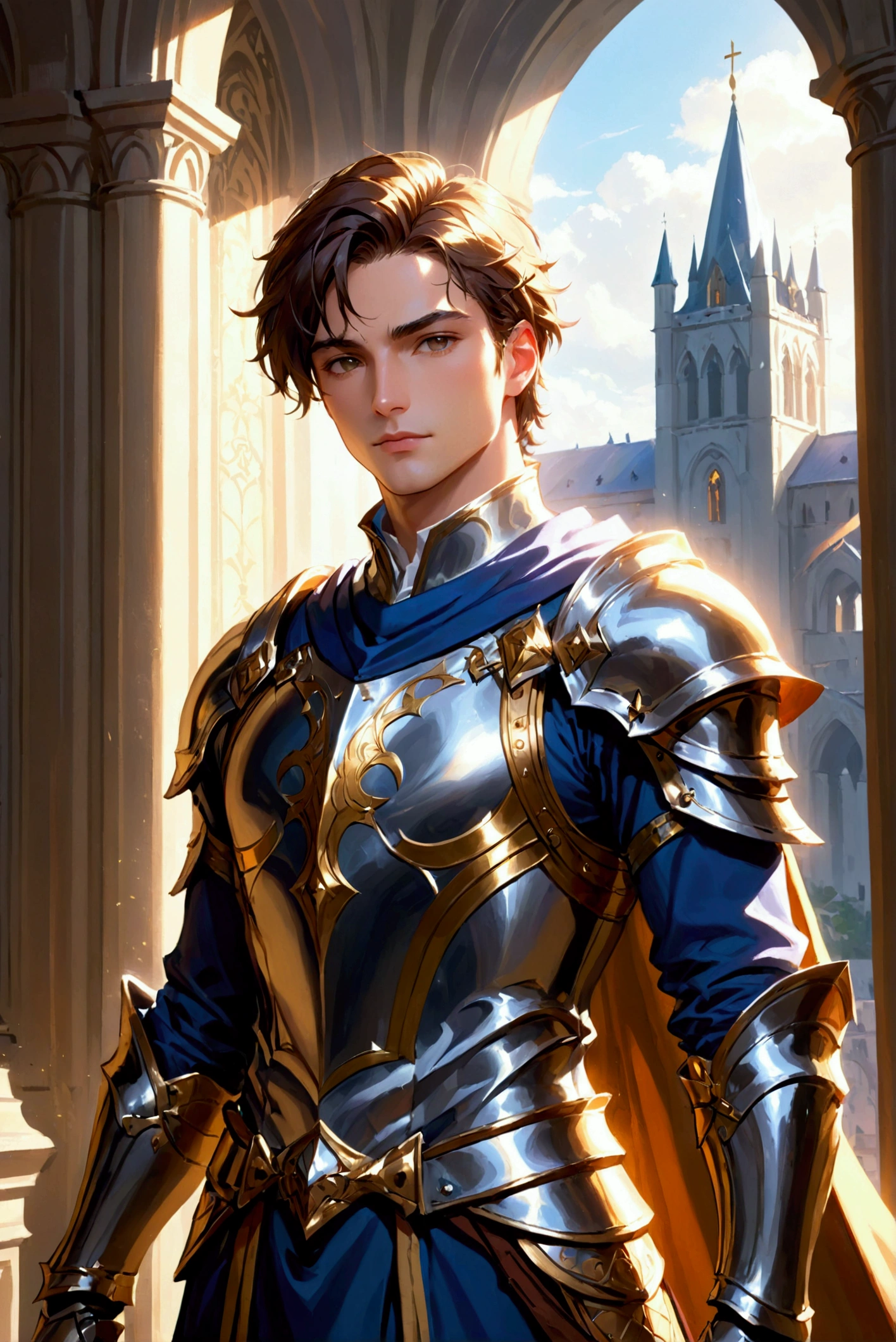 ((best quality)), ((masterpiece)), ((realistic)), handsome man, armor, brown hair, intricate details, highly detailed, sharp focus, digital render, professional, 4k, artstation, artgerm, <lora:Sakimi Version 2 - Epoch (8):0.7>