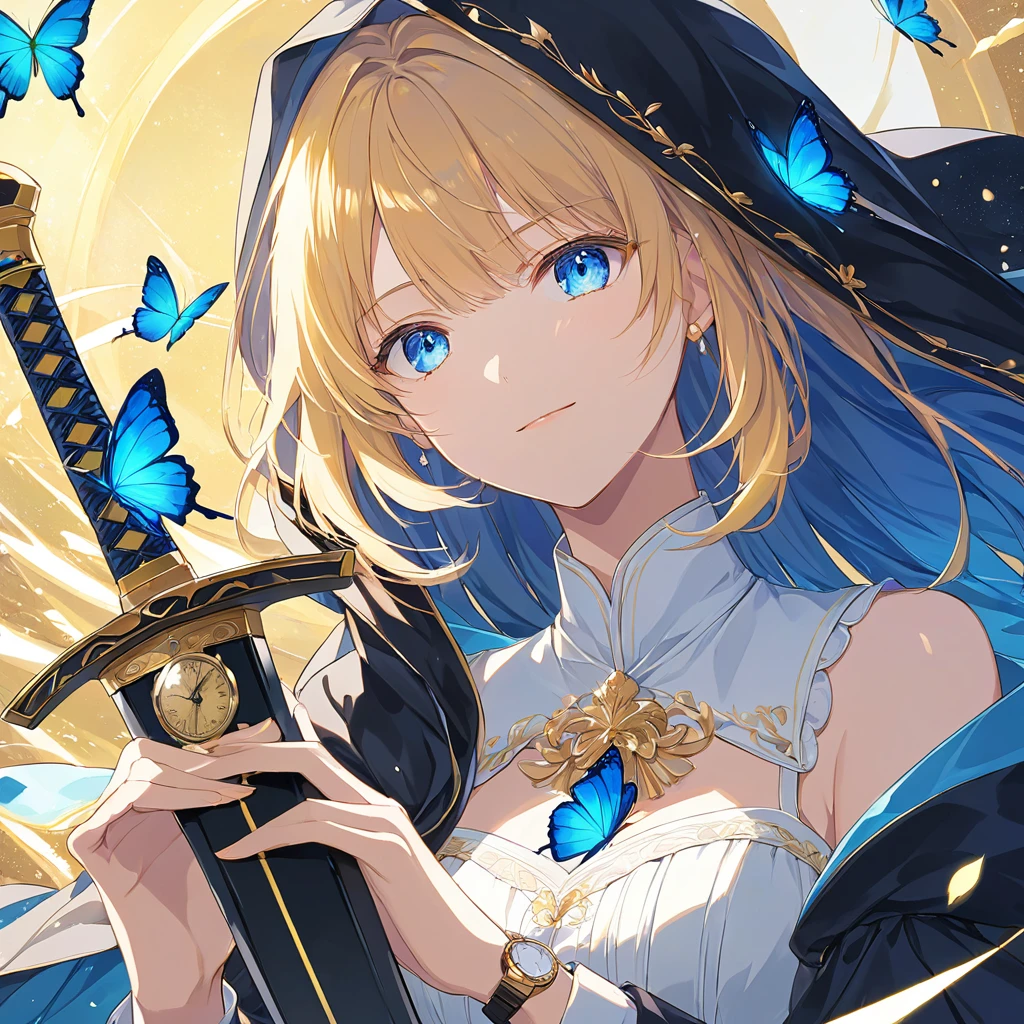 Anime Style,A woman with a sword,The woman holds a sword in front of her body.,Yellow Hair,Long Hair,Blowing in the Wind,blue eyes,Shining Eyes,Shining Eyesのハイライト ドレスの衣装,Wear a black cloak,Blue butterfly fluttering,Aristocratic atmosphere,The sword shines yellow,Very dazzling,Illuminating the World,Smug face Emphasizing women,The background is space,Low Angle Masterpiece,Best Quality,Exquisite,8k,Absurd,Ultra-detailed illustrations,(Watch the audience)