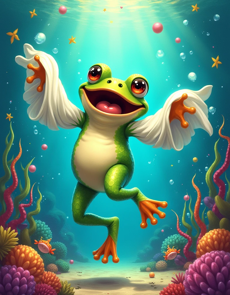 Frog dancing in a colorful sea holding a sleeve, with drawing and cartoon strokes