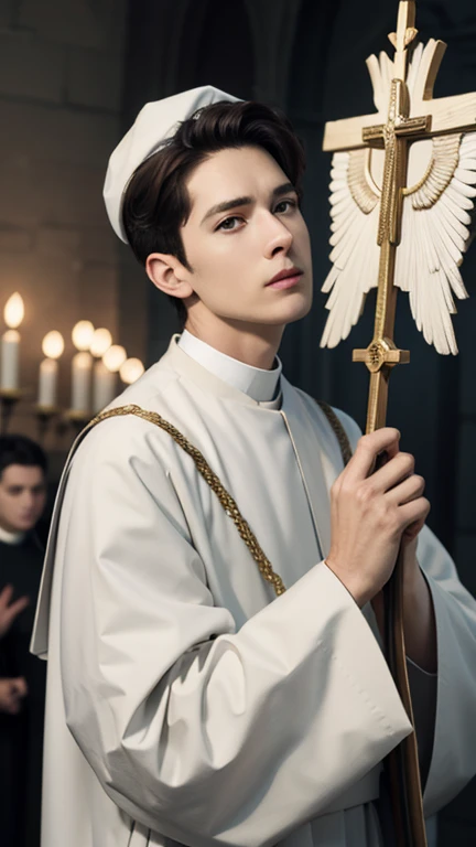 white man, courageous caucasian priest in heaven, looks at the viewer, priest&#39;s outfit, Dynamic position, Hold the long sword, paladin, halo, Black Wings, blue sky clouds background, view from below, prophetic look, masterpiece, best quality, Full view, background lighting, puff, brown hair, bare shoulders, Dylan Sprayberry, masterpiece,best quality .