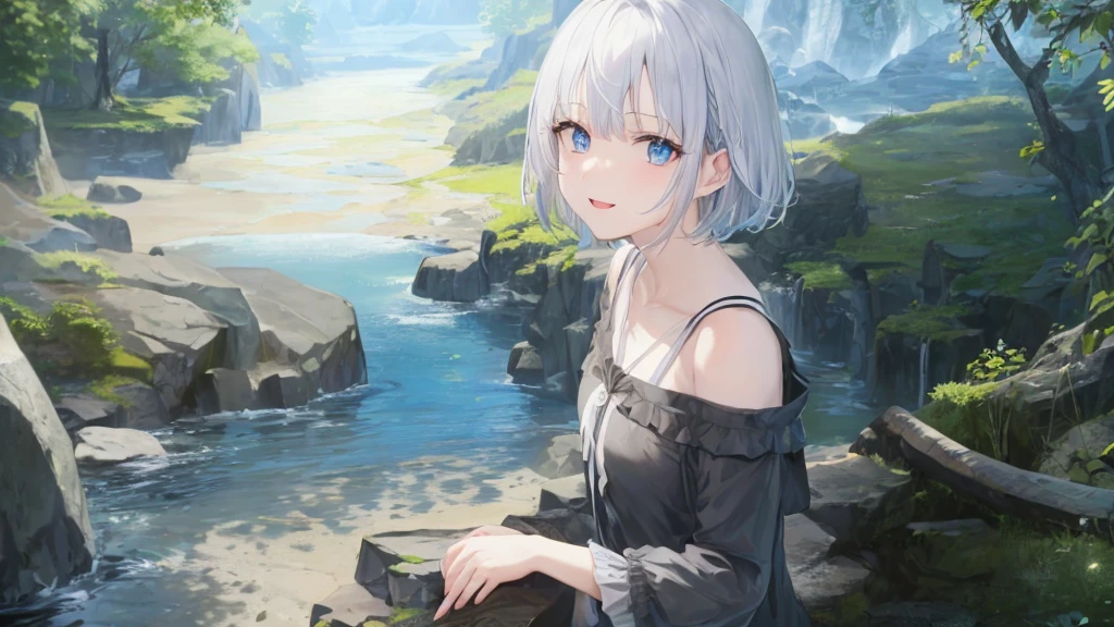 Ultra HD,Look at the viewers, and, 20 years old, 非常にShort Hair, Long bangs between the eyes, Pale blue eyes, Very detailed,(masterpiece、Best Quality),Gray Hair、Laughter、wonderful, Silver Hair, iris, Small face、明るいsmile、(Detailed face) ,Professional Lighting,wonderful風景,blue sky, sunlight,Portraiture、Open your mouth、、Her eyes were shining、Mysterious and enchanting atmosphere。AI Painting、andてもShort Hair, Long bangs between the eyes, Very detailed,(masterpiece、Best Quality)、Alone、Gray Hair、Fantasy, Silver Hair, Fantasyな風景、smile、Open your mouth、Short Hair、hairpin、Beautiful Eyes、Black Shirt、White hoodie、Anime Eyes