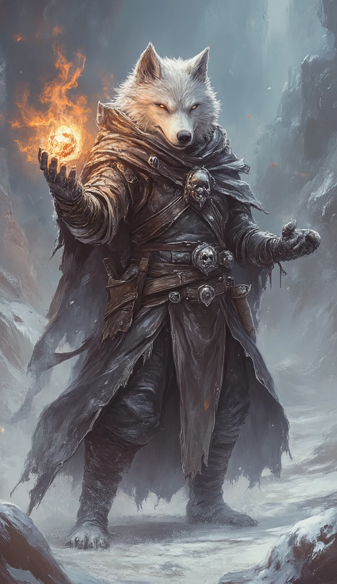 anthr0dnd, The image is a digital painting in a fantasy art style, depicting an anthropomorphic wolf mage dressed in medieval-style metal robes standing in a snowy winter environment where it is snowing heavily. The wolf, with a wise and determined expression, has a white-furred body. He is casting a fire spell to keepo warm in the cold weather. His magic is lighting up the harsh enviornment with a subtly glowing orange hue.