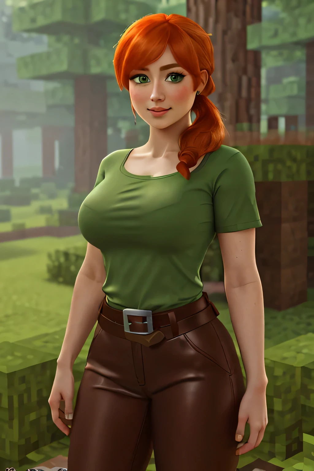 close up 1girl in, photo of Alex, Alex Minecraft, Solo, (messy orange hair, short ponytail over left shoulder, thick Ginger hair, (green eyes: 1.2), (perfect clear skin, pale skin, detailed skin, large breasts, round breasts, perfect body, skinny, thin), (thin hips, thin waist: 1.25), neutral face, mischievous smile, (wearing a green t-shirt, brown bush pants, leather belt, dark leather boots), in a forest forest, surrounded by square trees, on a square rock by a stream, Minecraft world, (realistic photo, best quality, detailed), (8k wallpaper), (cinematic lighting, beautiful light, (noon:1.3)) (sharp focus, intricate), (dslr, realistic, looking at viewer, sharp focus, delicate, soft colors, cinematic)