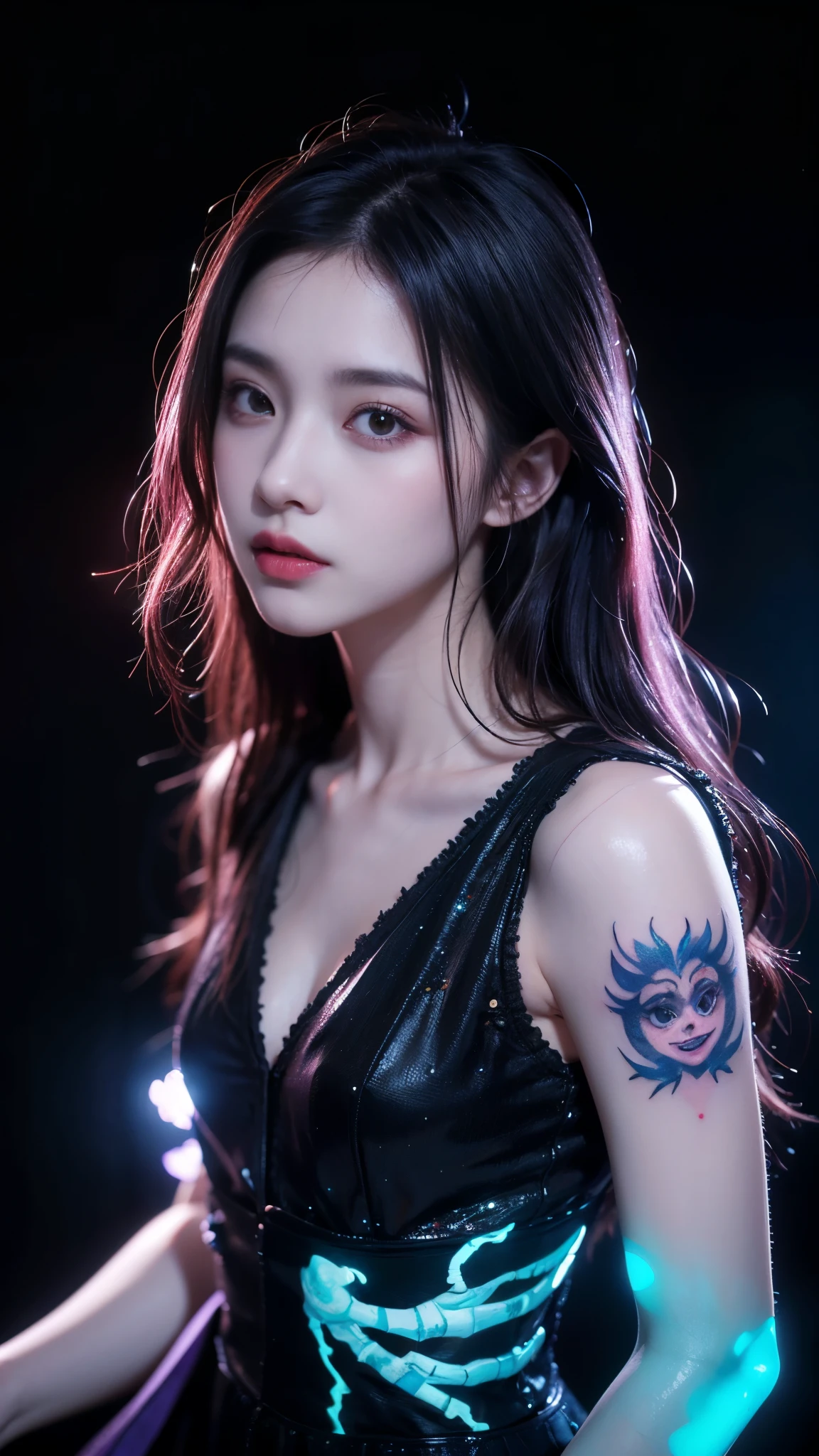 (Best Quality) , 8k, high resolution, photorealistic:2.0, Hannah Dodd, smiling mischievously at the camera, Super high image quality and sharpness, (Best Quality) , 8k, high resolution, photorealistic:2.0, Ultra detailed face, black painted eyes, mouth painted dark red, Masterpiece,