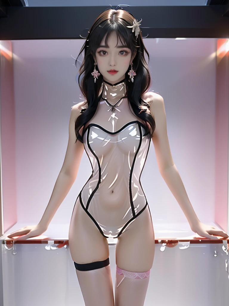 ((A woman)), 美丽脸庞的Sexy中国华裔女明星, Wearing red strappy bikini underwear, Wearing a pink transparent shirt, Holding a fan, (((Light theme, Exposing the subject, Sexy主题)))
((Transparent adhesive clothes: 1.5), (Revealing clothes: 1.5),  (Wet clothes:1.5), (Color of clothes: Pink), ((Wearing transparent clothing)))
(((night, BBQ Street, rain, Wet streets, All clothes are soaked))),
((desktop:1.0), (Highest quality:1.0), (high resolution:1.2), (Reality:1.0))
((8K Ultra HD, 8K, 超high resolution, Best quality, Super Fine, Clear focus. Masterpieces, complete pattern, Ultra HD, Detailed photos, Best image quality，Ultra-clear，Delicate facial features，Well-defined, Highly rated works, Close-up depth of field photography, Above the knee, Symmetrical character)), 
((Creating the image of a real girl), Realistic shadows, Soft lighting, Dynamic Angle, Dynamic poses, Elegant Posture, Cowboy lens, Full body front view, Be confident, Facing the camera, Eyes looking towards camera lens, Standing posture, Open your legs slightly, Golden Ratio Graphics, Minimalism, Center the character), 
( Smile, Sexy的, Balanced Eyes, Realistic eyes, Beautiful details of the eyes,Pretty Face, (Realistic face), Normal facial features, Realistic skin, Pay attention to skin details, Skin is clean and radiant, Whitening, Anatomically correct body, Golden ratio figure, Sexy的身材), 
(Perfect makeup, Gloves, earrings</input></xml>, bracelet, necklace, Jewelry, Hair accessories, shawl, sock, Knee socks, 吊garter, Leg ring, garter, 腿部garter), 
((beautiful hair), Dark black hair, Wavy curly hairstyle, Waist-length hair, Messy Hairstyle, Gradient hairstyles, Cyberpunk Hairstyle, High double ponytail hairstyle), 
(Sexy的, Perfect breast shape, Teardrop chest shape, Snow-white breasts, Very detailed breasts, 34C cup), 
(Super high waist, Deep V, Low-cut, Sexy, Flattering, Open crotch, (Clear camel toe, (High fork strangulation))),
(((Clear outline, Clear underwear, 透明Sexy的穿着)))