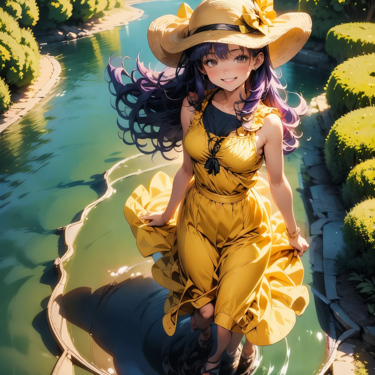 4k, HDR, full HD, Masterpiece, 1girl, solo, long purple hair, perfect anatomy, full body, long summer dress, yellow sundress, women's summer hat flying in the air, she is playing kick the water on the bank of a river flowing downwards, in the background a mountain, rosy cheeks and a very happy smile,
