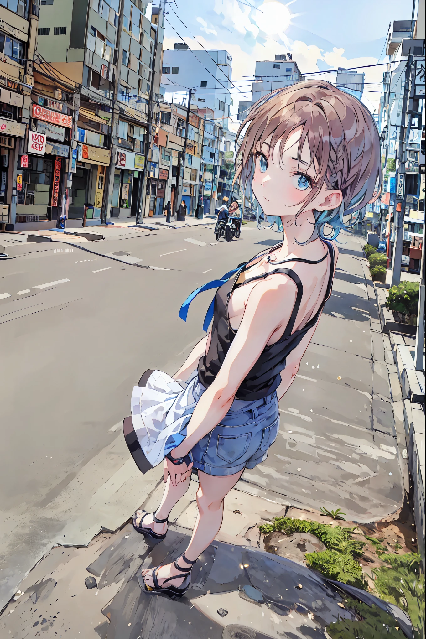 Yo Watanabe, Yu Watanabe, Brown Hair，Shortcuts，Messy Hair，Short braided hair，Neat，Slender beauty，A dignified posture，Small chest，Beautiful feet，Her captivating grey-blue eyes shine like stars，Vibrant colors,Beautiful Eyes,A delicate smile,Textured Skin,The best quality at its best,A kind and beautiful woman,Anime Style､,Orange hair band,Locket Pendant,Black camisole,Bareneck,Expose your shoulders,Bare clavicle,,Cute stiletto heels,evening,sunset,walk,The sun goes down,whole bodyがイラストに入るように,Looking down from above,
break outdoors, Coastal Road,construction site,
break looking at viewer, whole body,
break (masterpiece:1.2), Best quality high resolution, Unity 8K Wallpaper, (shape:0.8), (Beautiful details:1.6), Detailed painted face, Perfect lighting, Extremely detailed CG, (Perfect hands, Perfect Anatomy),