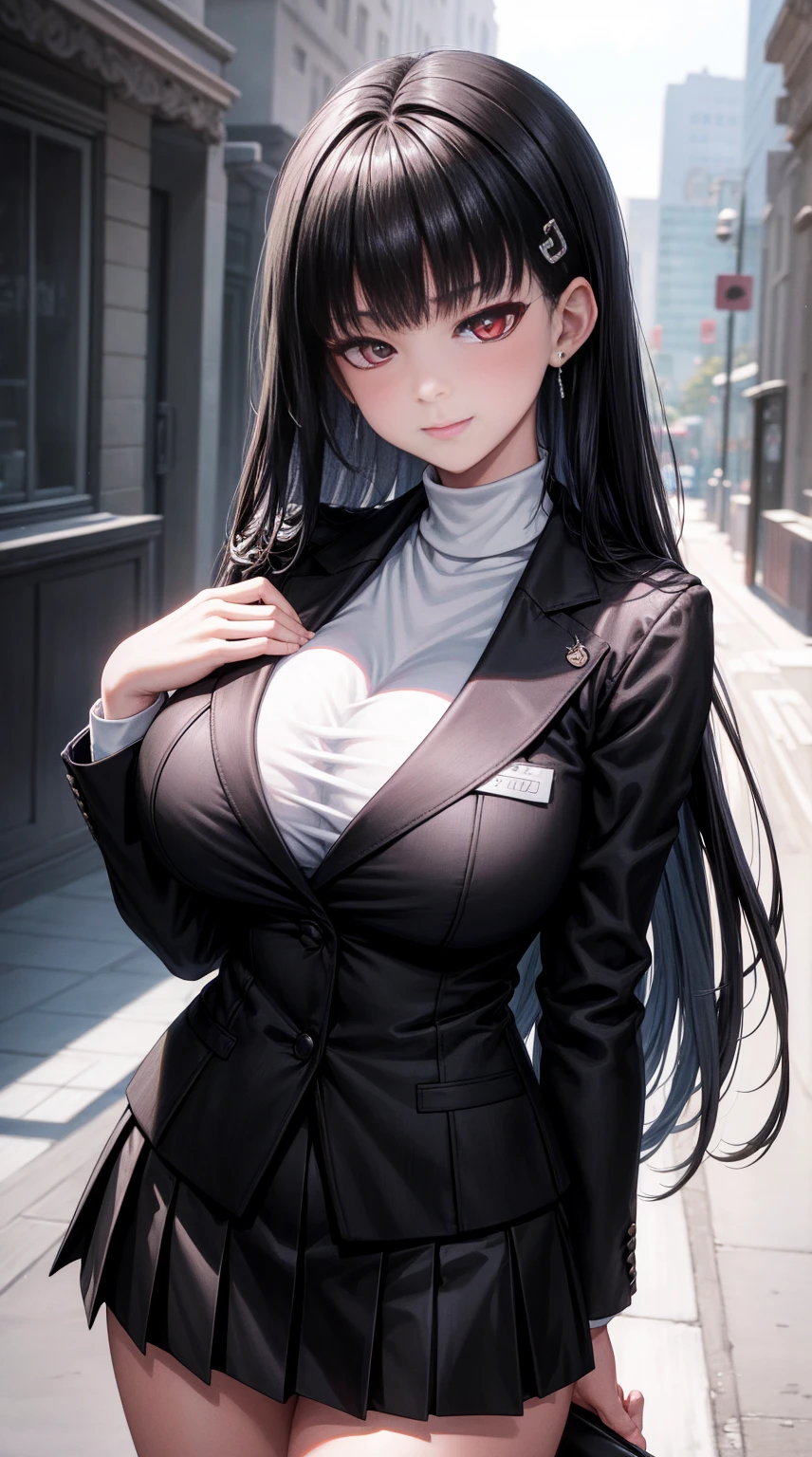 8K, highres, Ultra detailed, (Masterpiece:1.4), The best quality, symmetrical body, (Black blazer with white turtleneck sweater underneath:1.4), (short black skirt:1.4), choker, beautiful, Alone, Earrings, Long hair, black hair, red eyes, Shine effect, hello fine, wide smile, detailed face, looking at the viewer smiling at the viewer, in the park, angled view, big breasts, seductive look