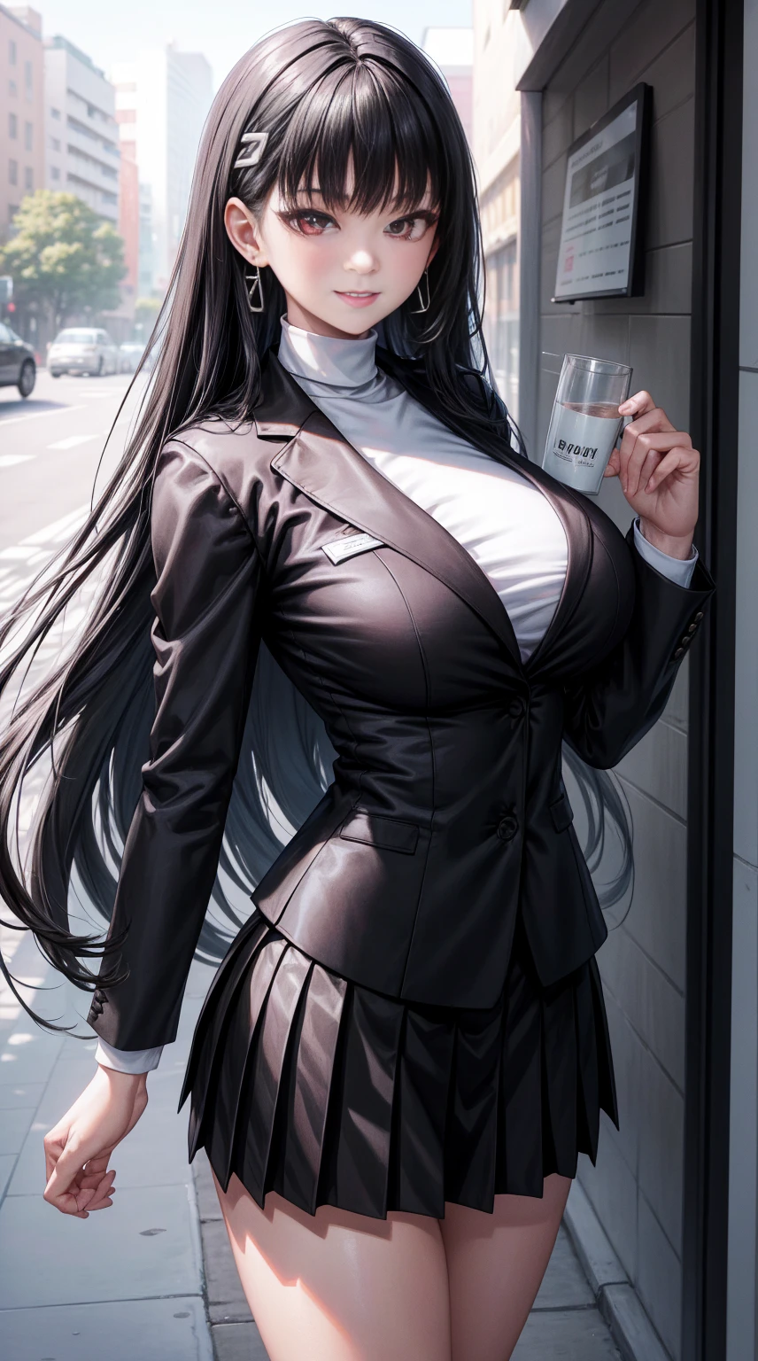 8K, highres, Ultra detailed, (Masterpiece:1.4), The best quality, symmetrical body, (Black blazer with white turtleneck sweater underneath:1.4), (short black skirt:1.4), choker, beautiful, Alone, Earrings, Long hair, black hair, red eyes, Shine effect, hello fine, wide smile, detailed face, looking at the viewer smiling at the viewer, in the park, angled view, big breasts, seductive look