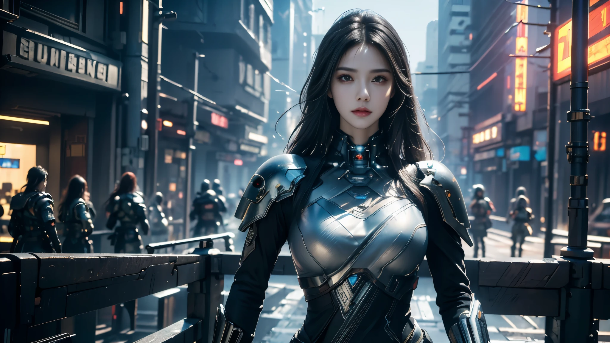 masterpiece,best quality,high resolution,8k,(portrait photo:1.5),(R original photo),real picture,digital photography,(Combination of cyberpunk and fantasy style),(female soldier),20 year old girl,Random hairstyle,through bangs,(red eye breasts, Accessories,Keep your mouth shut,Elegant and charming,Serious and arrogant,Calm and handsome,(Cyberpunk combined with fantasy style clothing,hollow-carved design,big breasts,joint armor,photo poses,Realistic style,gray world background,oc render reflection texture,sentry,futuristic city