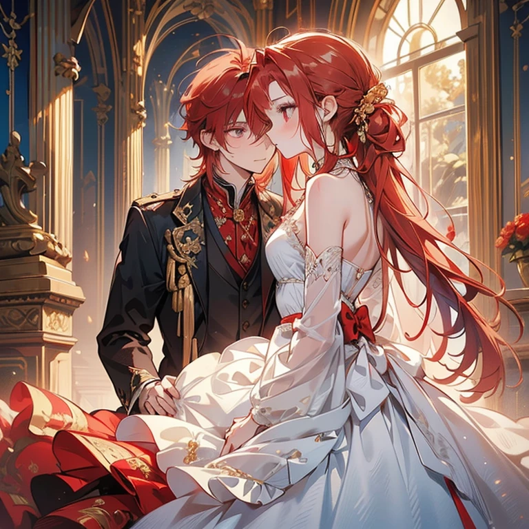 arch of climbing roses,(couple), girl and boy, boy kiss girl's forehead,  in the background , rich in detail, embrace, happy expression, love, 1girl, (((masterpiece, best quality, scenery, aesthetic, heavenly))), ((girl with red eyes, blue long hair, pale gold flowing layered ballgown)), ((intimate)), 1boy, ((boy with amber eyes, low ponytail , red hair, taller, aristocrat clothing))