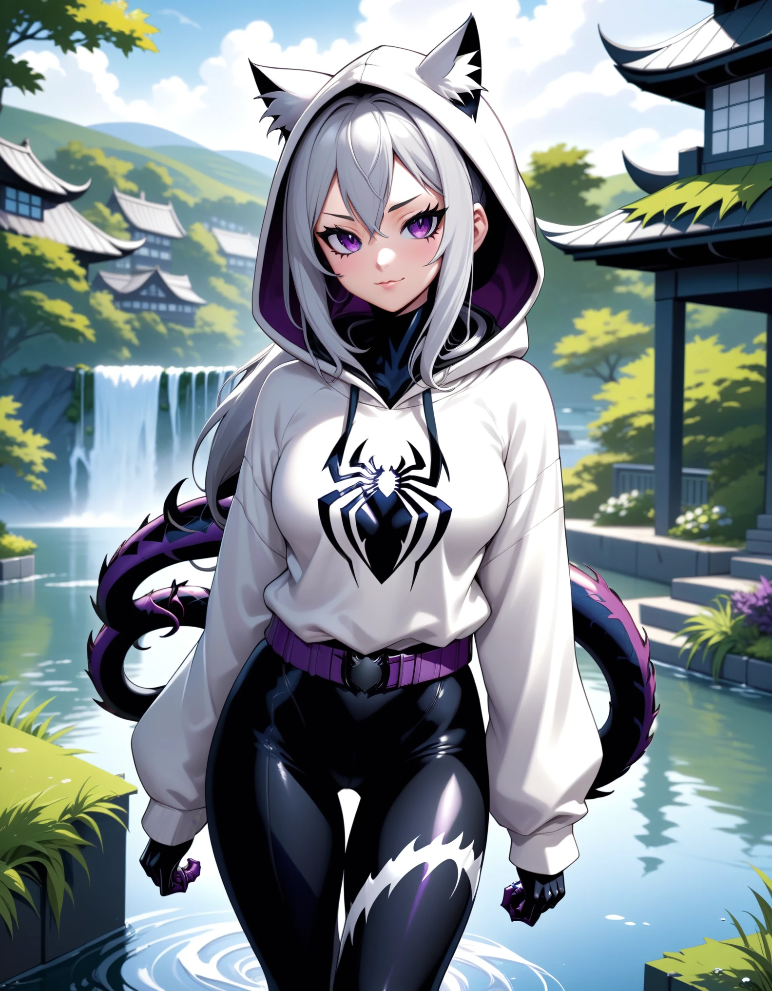 HD quality, masterpiece, wallpaper quality, (((covered in Symbiote like Venom from SpiderMan))), detailed eyes, detailed face, solo, Female, Neko Female, cat ears, thigh-length coat, ((white hoodie)), grey belt around waist, Hair like Madara Uchiha, ((white anime hair)), cat tail, (((black cat tail))), Thick Thighs, Lakeside, waterfall, fish in lake, standing on a building, medieval building, grass, standing, looking at viewer, (((black and purple Symbiote))),