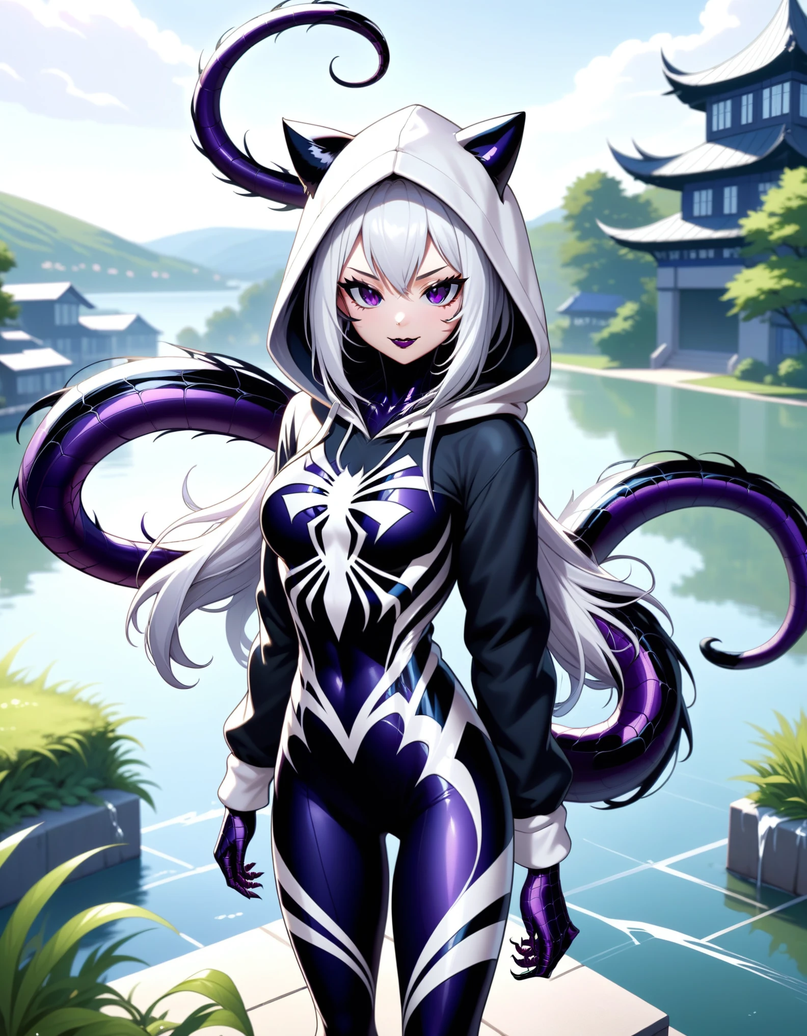 HD quality, masterpiece, wallpaper quality, (((covered in Symbiote like Venom from SpiderMan))), detailed eyes, detailed face, solo, Female, Neko Female, cat ears, thigh-length coat, ((white hoodie)), grey belt around waist, Hair like Madara Uchiha, ((white anime hair)), cat tail, (((black cat tail))), Thick Thighs, Lakeside, waterfall, fish in lake, standing on a building, medieval building, grass, standing, looking at viewer, (((black and purple Symbiote))),