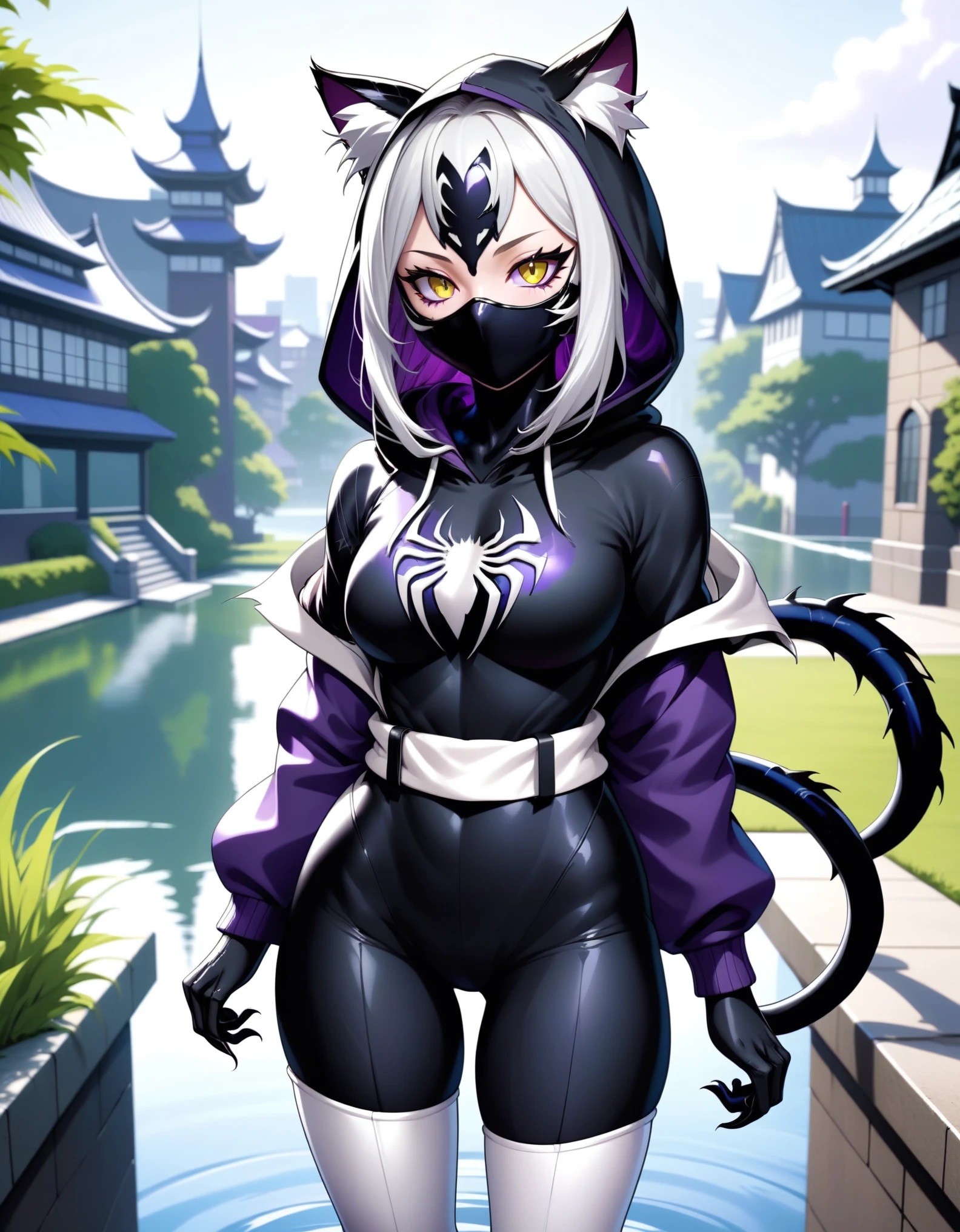 HD quality, masterpiece, wallpaper quality, (((covered in Symbiote like Venom from SpiderMan))), detailed eyes, detailed face, solo, Female, Neko Female, cat ears, thigh-length coat, ((white hoodie)), (((Black Half face Mask))), grey belt around waist, Hair like Madara Uchiha, ((white anime hair)), cat eyes, purple eyes, ((yellow eye)), cat tail, (((black cat tail))), Thick Thighs, Lakeside, waterfall, fish in lake, standing on a building, medieval building, grass, standing, looking at viewer, (((black and purple Symbiote))),