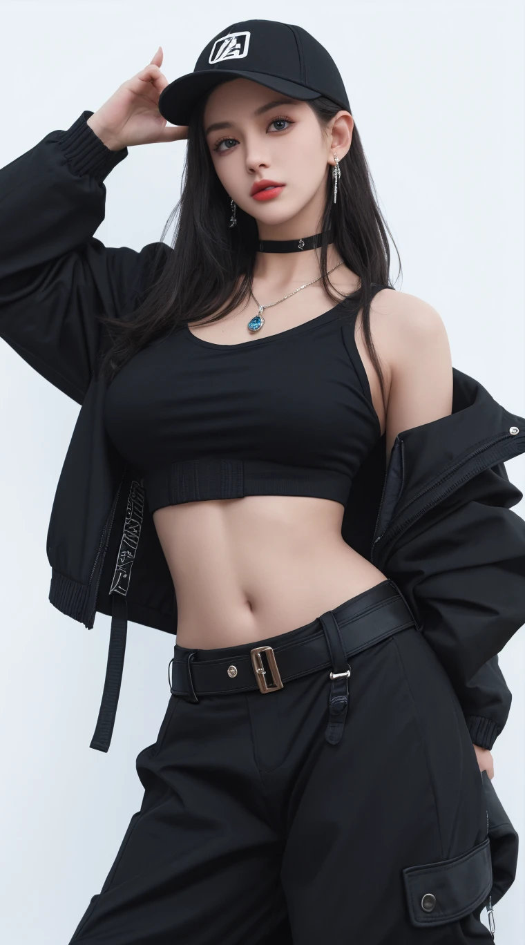 Black Hair、Blue Eyes、Beauty、Gal、She has her bangs down、long hair、gorgeous、Long eyelashes、Big Eyes、Earrings、necklace、Black jacket、mini skirt、Fishnet tights、Cleavage、tits、whole body、Great thighs、Beautiful legs、Beautiful abs、Wet skin、Slimy skin、Oily skin、White skin、Light reflecting skin、Glossy finish、Realistic details、Perfect body
