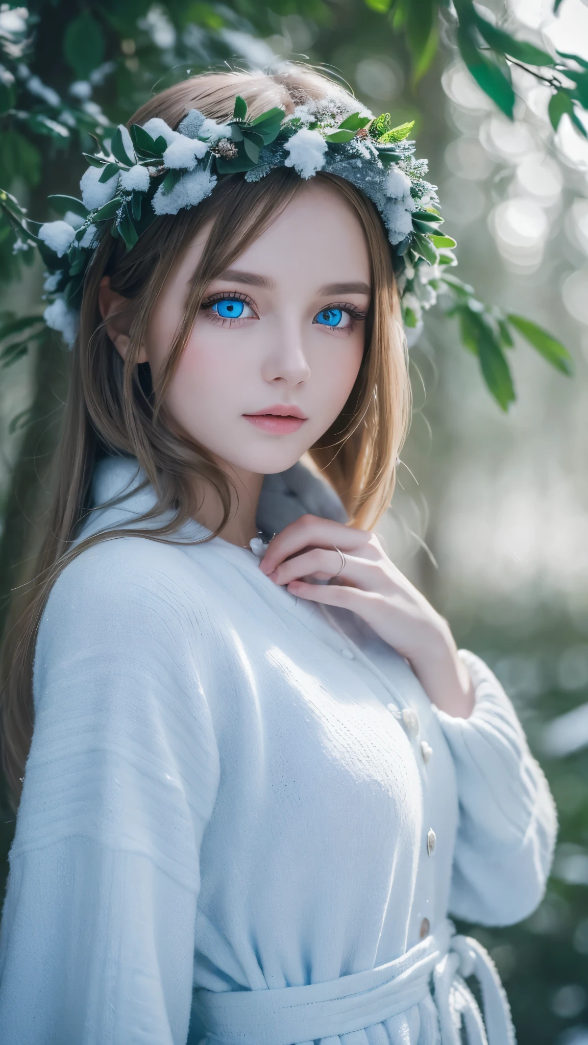 Fairy white ai girl wearing a white flower crown blue eyes snow white clothes