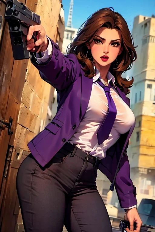 The woman, ((shirt, shirt, jacket, jacket, jacket morada, purple jacket, pants, pants morado, prurple throuser, tie, tie)),Las vegas al fondo,very detailed, Realistic long-term photography., 4k, by the wide, Brown Hair, By the chestnut, red lips, sexy,red lips, Brown eyes, big breasts, big breasts,(((aiming_pistol, hand_cannon,deagle:1.0, pistol, pistol))), wet, Lucia Auditore