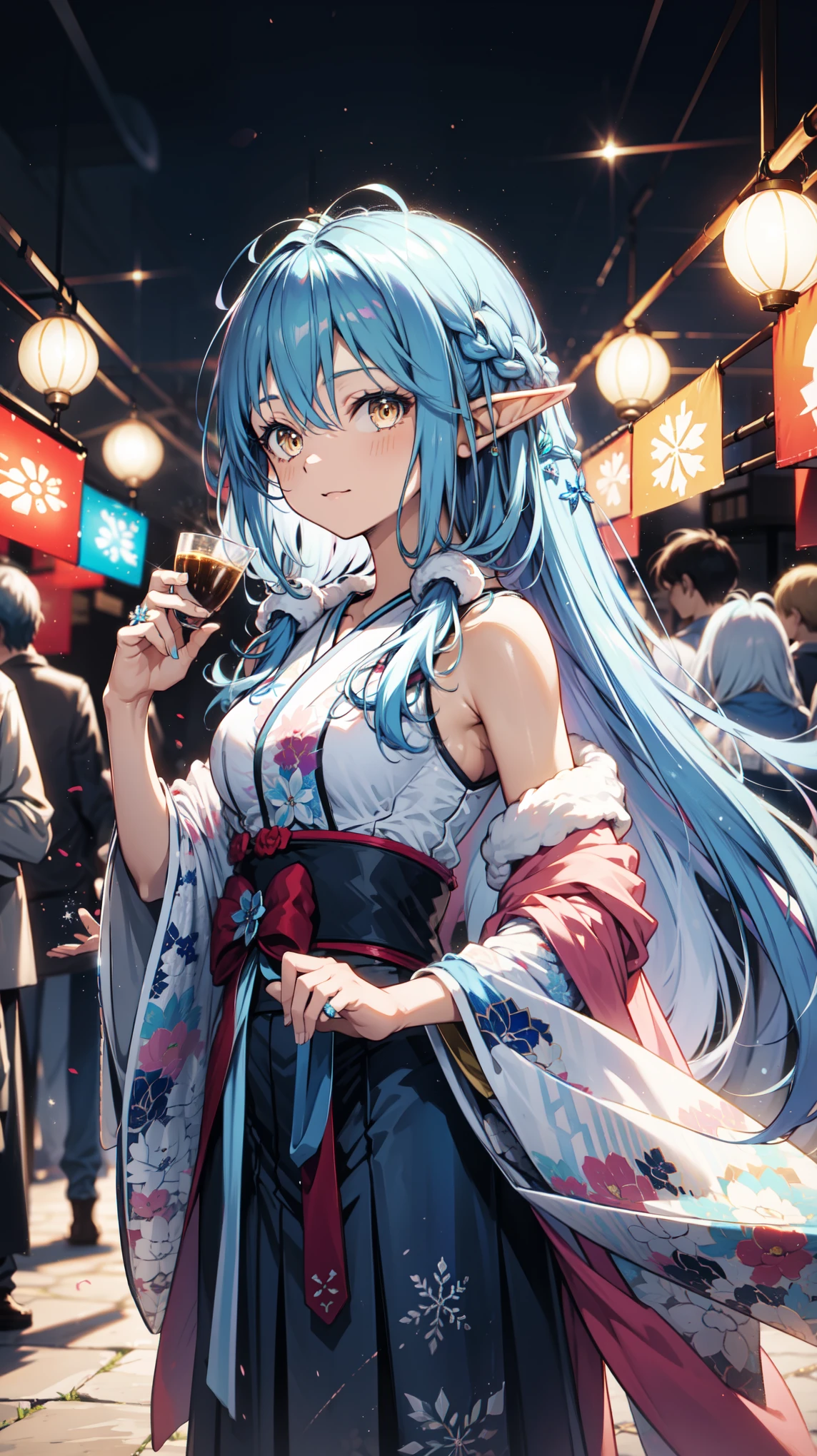 Anime Girl, Fantasy illustration, Flowing hair，Blue Japanese style long skirt，Transparent Clothes， Beautiful young elf, Dark blue hair，Medium-length hair，Special hairstyle，Shiny Shiny，Summer Festival，Hair Ring，Happy，Beautiful fantasy anime, 闪亮Flowing hair, Ethereal Anime, Beautiful anime artwork, Beautiful digital artwork, Anime Fantasy Artwork，Snowflake Rummy，