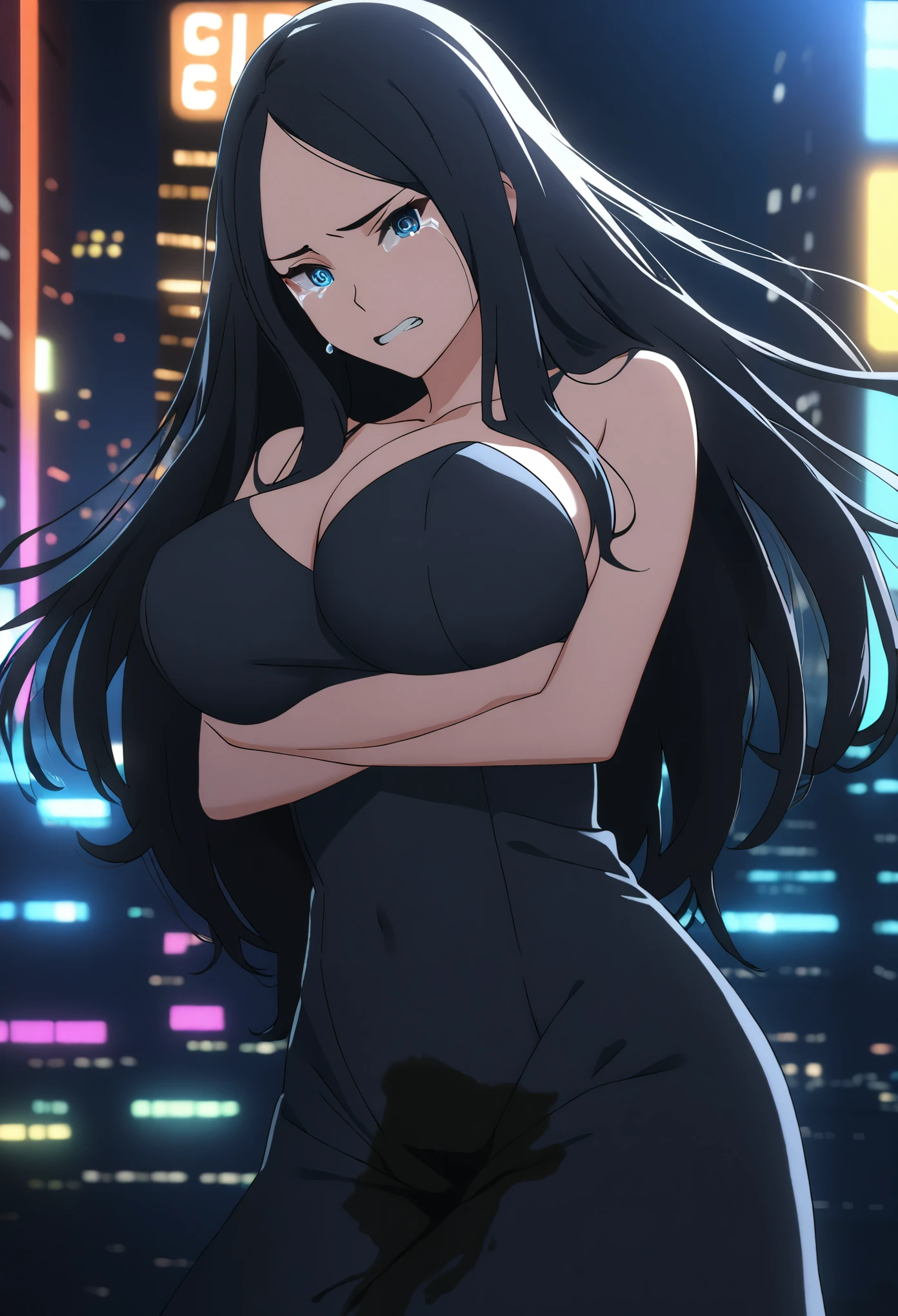 1girl, (long hair:1.5), (straight hair:1.5), black hair, blue eyes, extremely detailed eyes and face, detailed facial features, beautiful detailed eyes, huge breasts, navel, (wetting self:1.75), (long dress:1.5), (tight dress:1.5), (high heels:1.5), embarrassed, humiliation, angry, clenched teeth, standing, (tears:1.5),standing, cityscape, colorful lights, scenic, romantic scenery, night, (arms crossed:1.5), (arms under breasts:1.5), (best quality,4k,8k,highres,masterpiece:1.2),ultra-detailed, portrait, cinematic lighting, dramatic contrast