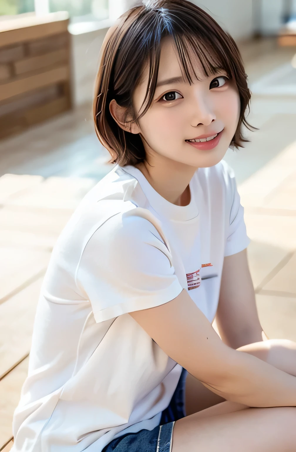 a young woman wearing a white T-shirt, sitting cross-legged on the floor. She has her elbows resting on her knees, with her chin propped up by her hands. The woman is looking directly at the viewer, smiling brightly with a cheerful and radiant expression. The background is simple and neutral, with soft lighting that highlights her joyful demeanor and casual, relaxed posture., Middle Short Hair, eyelashes, red cheek, exquisite detail, high detail, parted lips, smiley lips, nsfw