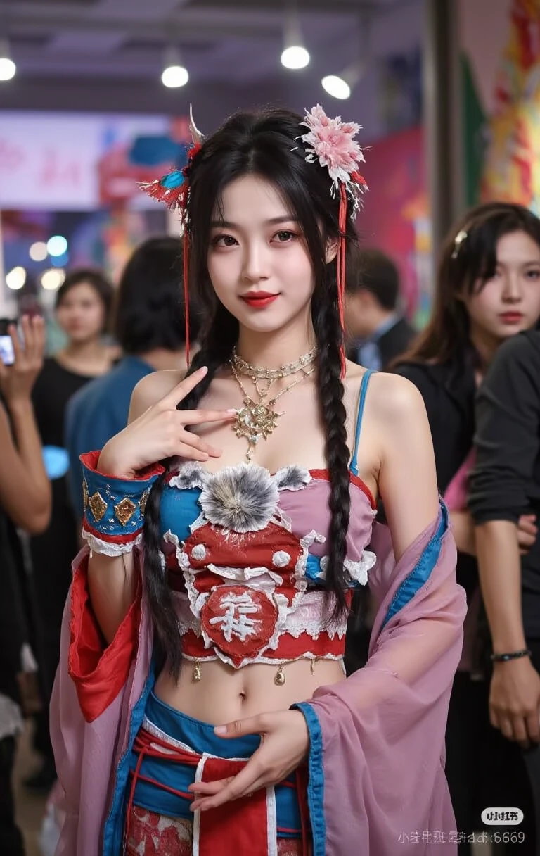 offcial art, Unity 8k wallpaper, Ultra detailed, Beautiful and aesthetic, Beautiful, Masterpiece, Best quality, (zentangle, mandalas, Tangled, entangle), 8K, Skin texture:1.4, tmasterpiece:1.4,Pose behind beauty,(Cyberpunk style Lolita costume in random colors),