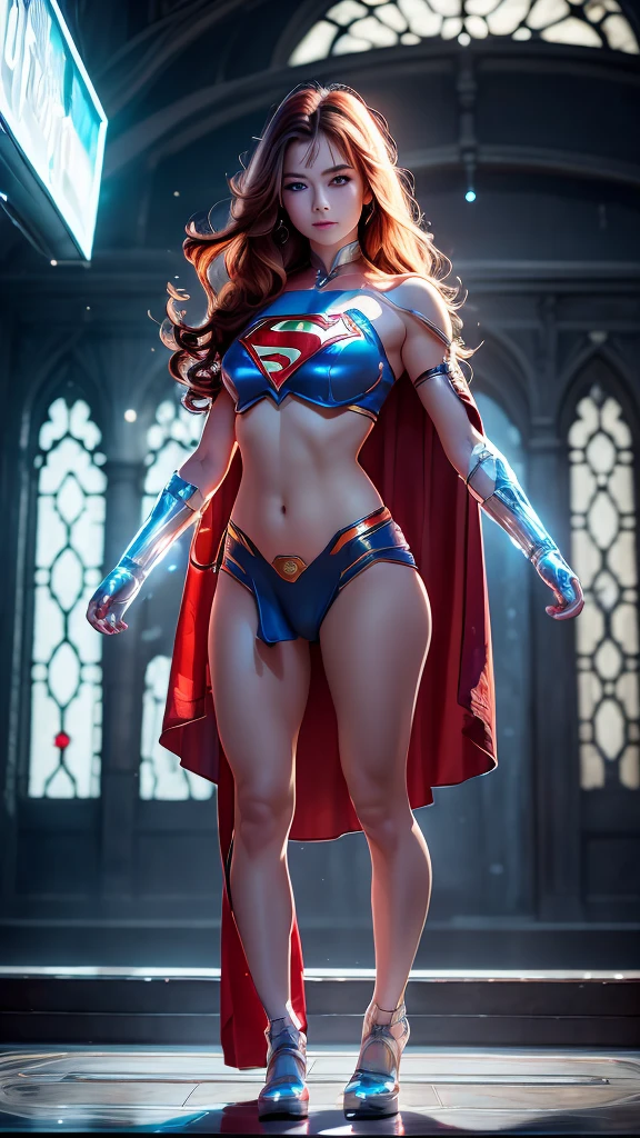 A 5'3 athletic woman who has fair skin. She has long red hair that goes between her shoulders. Large breasts and slight, muscular curves. Greenish-blue eyes. She has the superheroic outfit consist of a blue crop top with a golden Star shape insignia on the middle and detachable sleeves. A blue bikini bottom that is held by a red leather belt with a golden star shaped buckle in the middle of it. She even has the golden flair boots with the hint of white on top along with the golden flair gloves with the whitish hints, has a red scarf that is disguised as a cape.