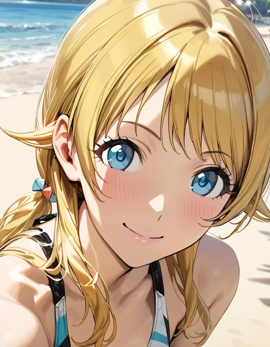 (masterpiece),(Best Quality),(Very detailed),(Best illustrations),(Best Shadow),(disorganized),(Detailed Background),(so beautiful), 
official style, 

Hachimiya Meguru, blonde hair, blue eyes, long hair, 

the idolmaster shiny colors,

blush,
smile,
Swimwear,
Alone,
Beach,
Background Blur, 
(realistic skin:1.1),
focus on face,
close-up,