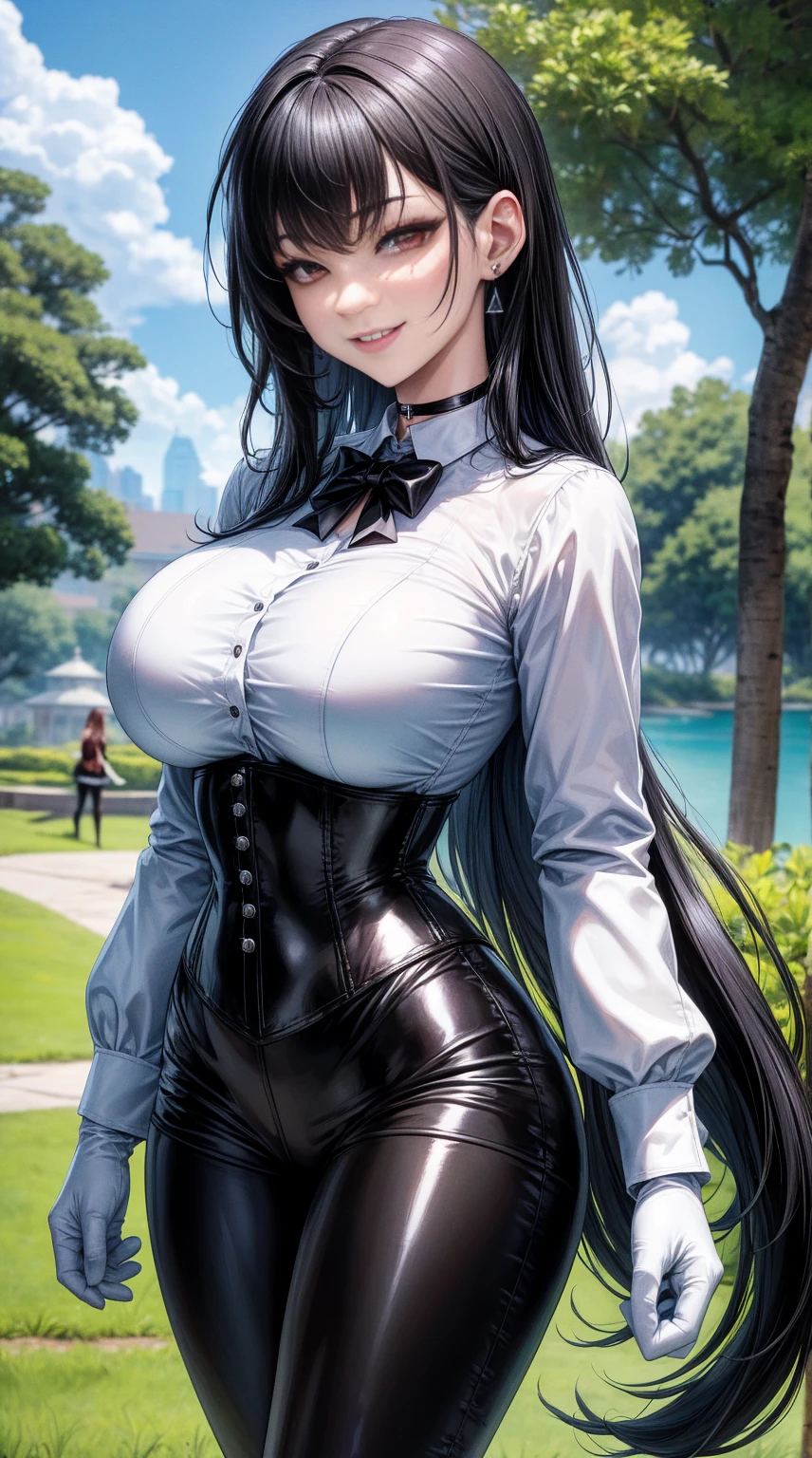 8K, highres, Ultra detailed, (Masterpiece:1.4), The best quality, symmetrical body,  choker:1.6, (White collar button-down shirt with white long sleeves), Black gloves, gloves that cover the hands, (black leather corset), (Black shiny leggings), (black boots), Alone, Earrings, Long hair, black hair, red eyes, Shine effect, hello fine, wide smile, detailed face, looking at the viewer smiling at the viewer, in the park, angled view, big breasts, seductive look