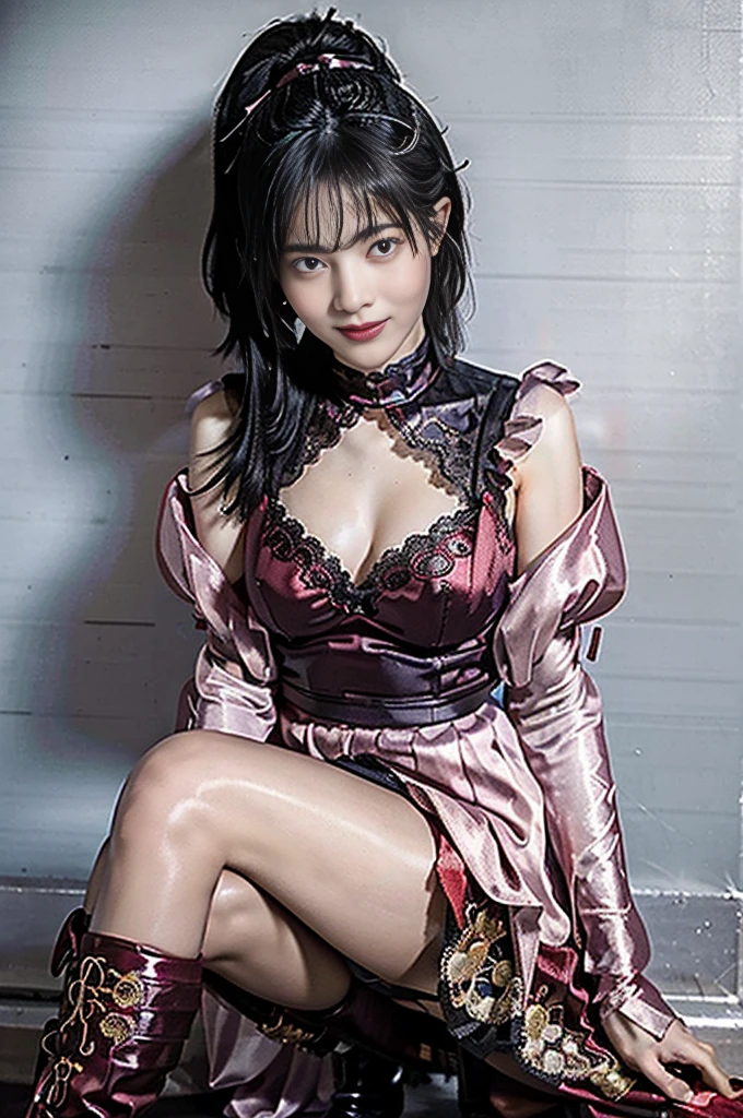 realistic, red background,1girl,solo,looking at viewer,standing,cowboy shot,small breasts,purple dress,cleavage cutout,jewelry,pelvic curtain,animal ears,double bun,elbow gloves,fishnet gloves,bracelet,thigh boots,