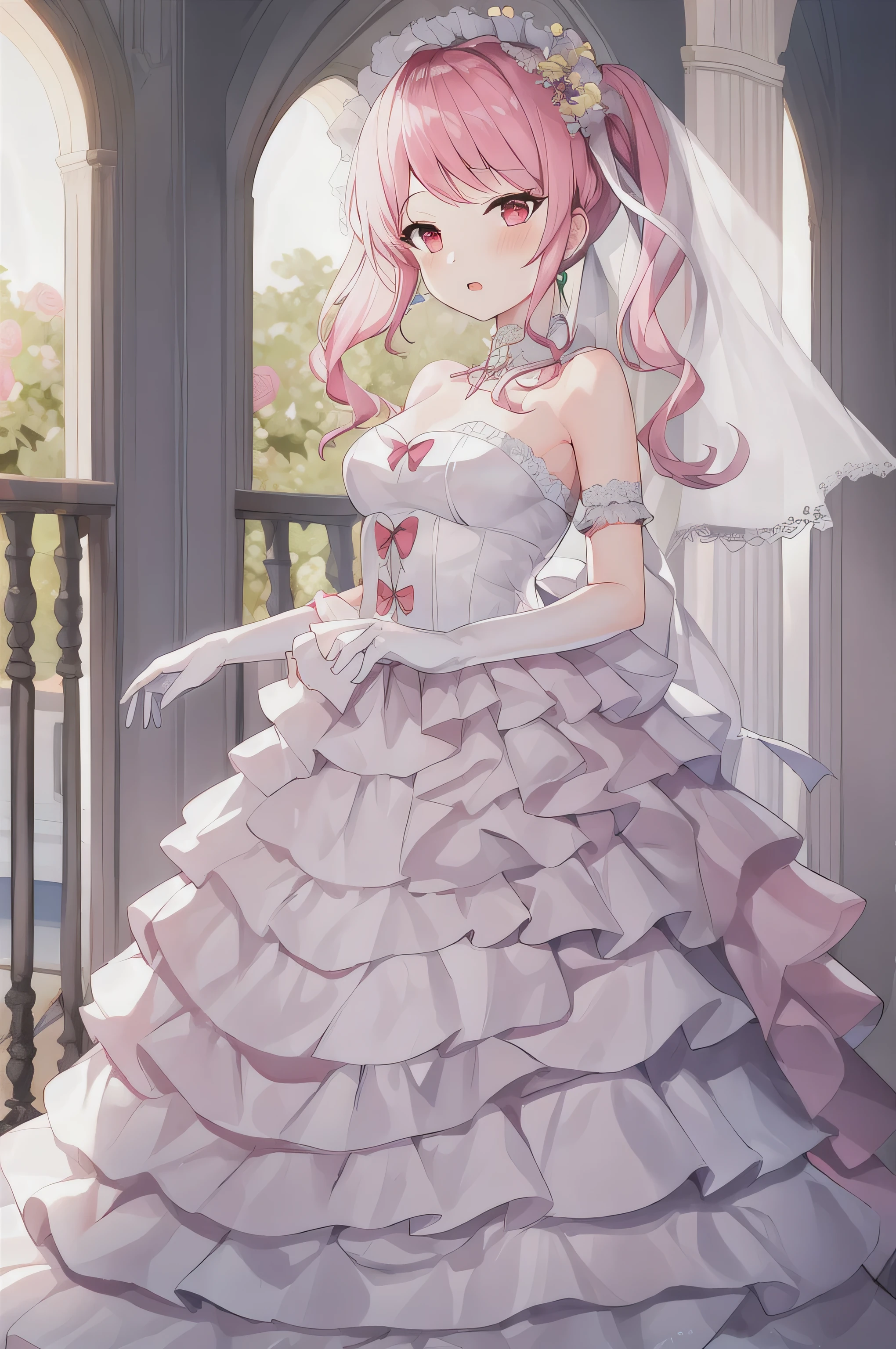 1 girl，Long hair, bangs, Pink hair, Hair between the eyes,  (Medium 1.2), Red eyes，Twin ponytails，
rest  锁骨, Wedding Dress，Veil，wedding，Transparent skirt，Flowers，skirt，White socks，White knee socks，White Gloves，boots，Lysis，
Looking at the audience, whole body, Open your mouth，indoor, Church permanent，upright，permanent，
rest (masterpiece:1.2), , high resolution,  8k wallpaper, (illustration:0.8),Extremely detailed face, Perfect lighting, Extremely detailed CG, 