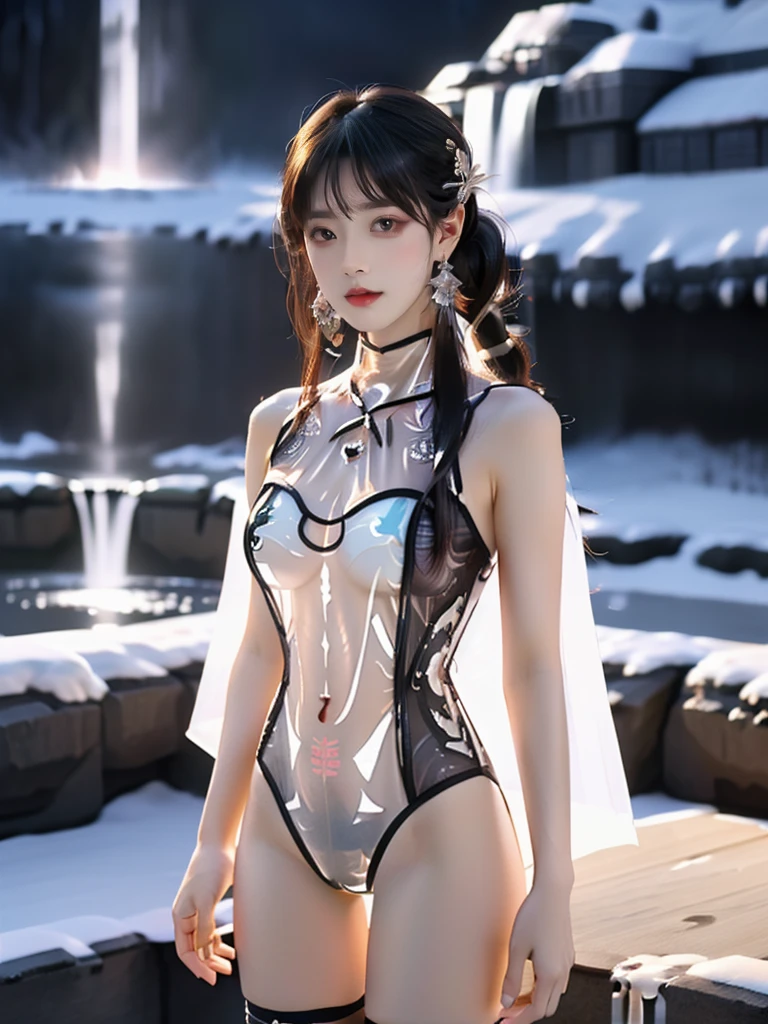 ((A woman)), 美丽脸庞的Sexy中国华裔女明星, Wearing red strappy bikini underwear, Wearing a pink transparent shirt, Holding a fan, (((Light theme, Exposing the subject, Sexy主题)))
((Transparent adhesive clothes: 1.5), (Revealing clothes: 1.5),  (Wet clothes:1.5), (Color of clothes: Pink), ((Wearing transparent clothing)))
(((night, Next to the waterfall, Fallen Leaves, moonlight, dark clouds))),
((desktop:1.0), (Highest quality:1.0), (high resolution:1.2), (Reality:1.0),( Ultra HD:1.3))
((8K Ultra HD, 8K, 超high resolution, Best quality, Super Fine, Clear focus. Masterpieces, complete pattern, Detailed photos, Best image quality，Ultra-clear，Delicate facial features, Well-defined, Highly rated works, Close-up depth of field photography, Above the knee, Symmetrical character)), 
((Creating the image of a real girl), Realistic shadows, Soft lighting, Dynamic Angle, Dynamic poses, Elegant Posture, Cowboy lens, Full body front view, Be confident, Facing the camera, Eyes looking towards camera lens, Standing posture, Open your legs slightly, Golden Ratio Graphics, Minimalism, Center the character), 
( Smile, Sexy的, Balanced Eyes, Realistic eyes, Beautiful details of the eyes,Pretty Face, (Realistic face), Normal facial features, Realistic skin, Pay attention to skin details, Skin is clean and radiant, Whitening, Anatomically correct body, Golden ratio figure, Sexy的身材), 
(Perfect makeup, Gloves, earrings</input></xml>, bracelet, necklace, Jewelry, Hair accessories, shawl, sock, Knee socks, 吊garter, Leg ring, garter, 腿部garter), 
((beautiful hair), Dark black hair, Wavy curly hairstyle, Waist-length hair, Messy Hairstyle, Gradient hairstyles, Cyberpunk Hairstyle, High double ponytail hairstyle, Bangs), 
(Sexy的, Perfect breast shape, Teardrop chest shape, Snow-white breasts, Very detailed breasts, 34C cup), 
(Super high waist, Deep V, Low-cut, Sexy, Flattering, Open crotch, (Clear camel toe, (High fork strangulation))),
(((Clear outline, Clear underwear, 透明Sexy的穿着)))