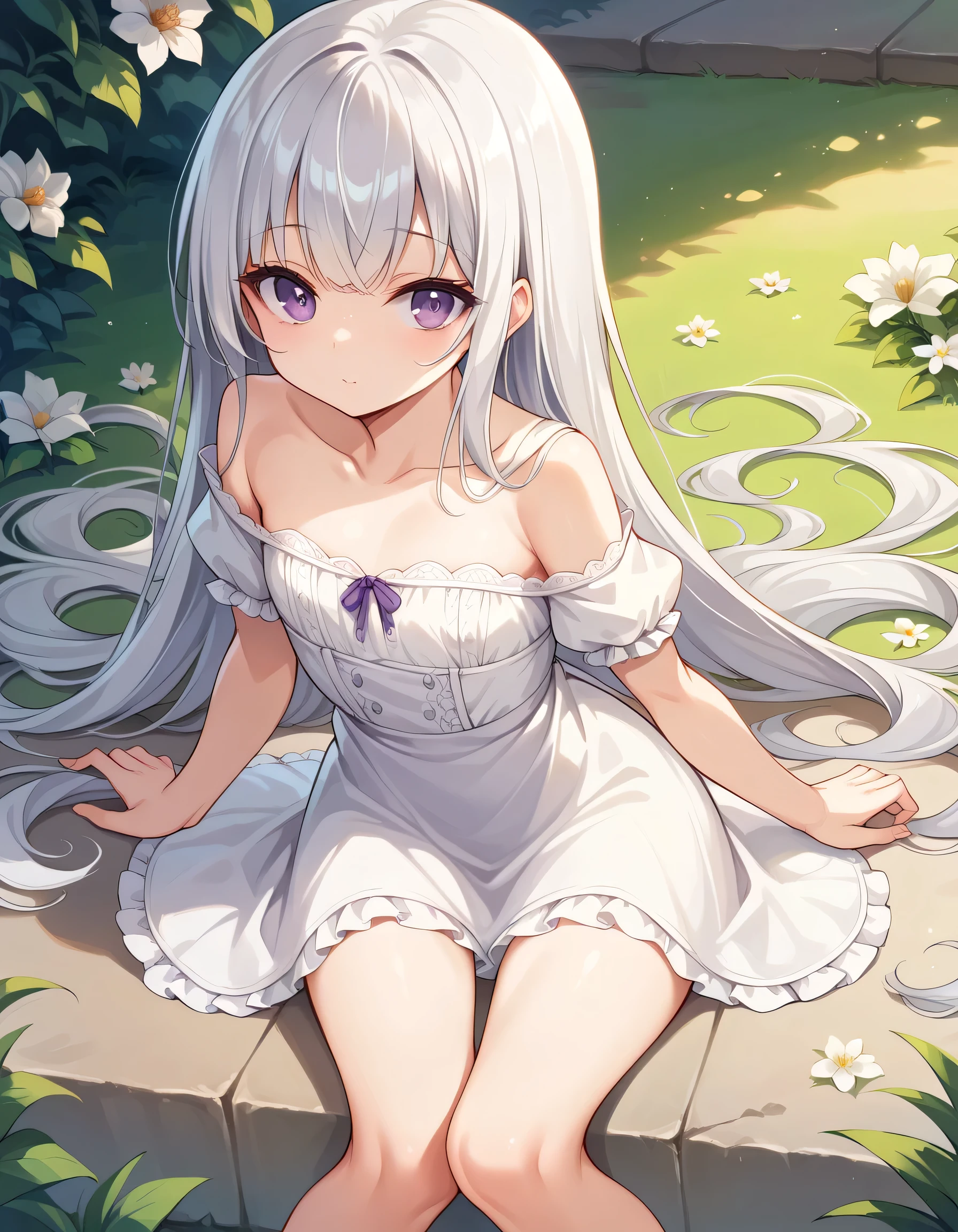 late, 1girl, kazami kazuki, silver hair, long hair, red eyes, sundress, barefoot, <lora:lora-000002:1>